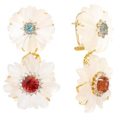 18k Yellow Gold Aquamarine Tourmaline Crystal Carving With Diamond Earrings