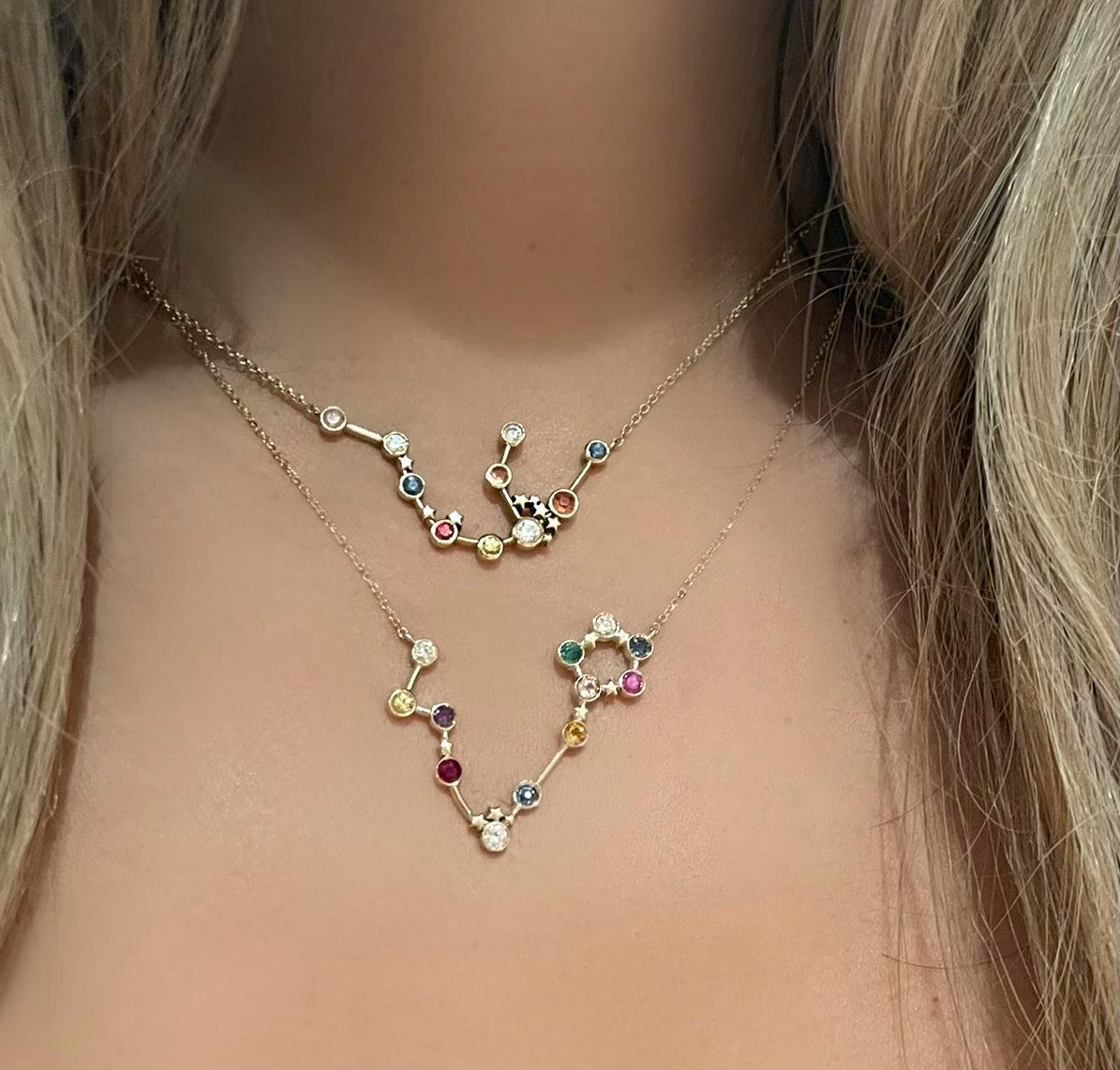 Modern 18k Yellow Gold Aquarius Constellation Necklace with Sapphires and Diamonds