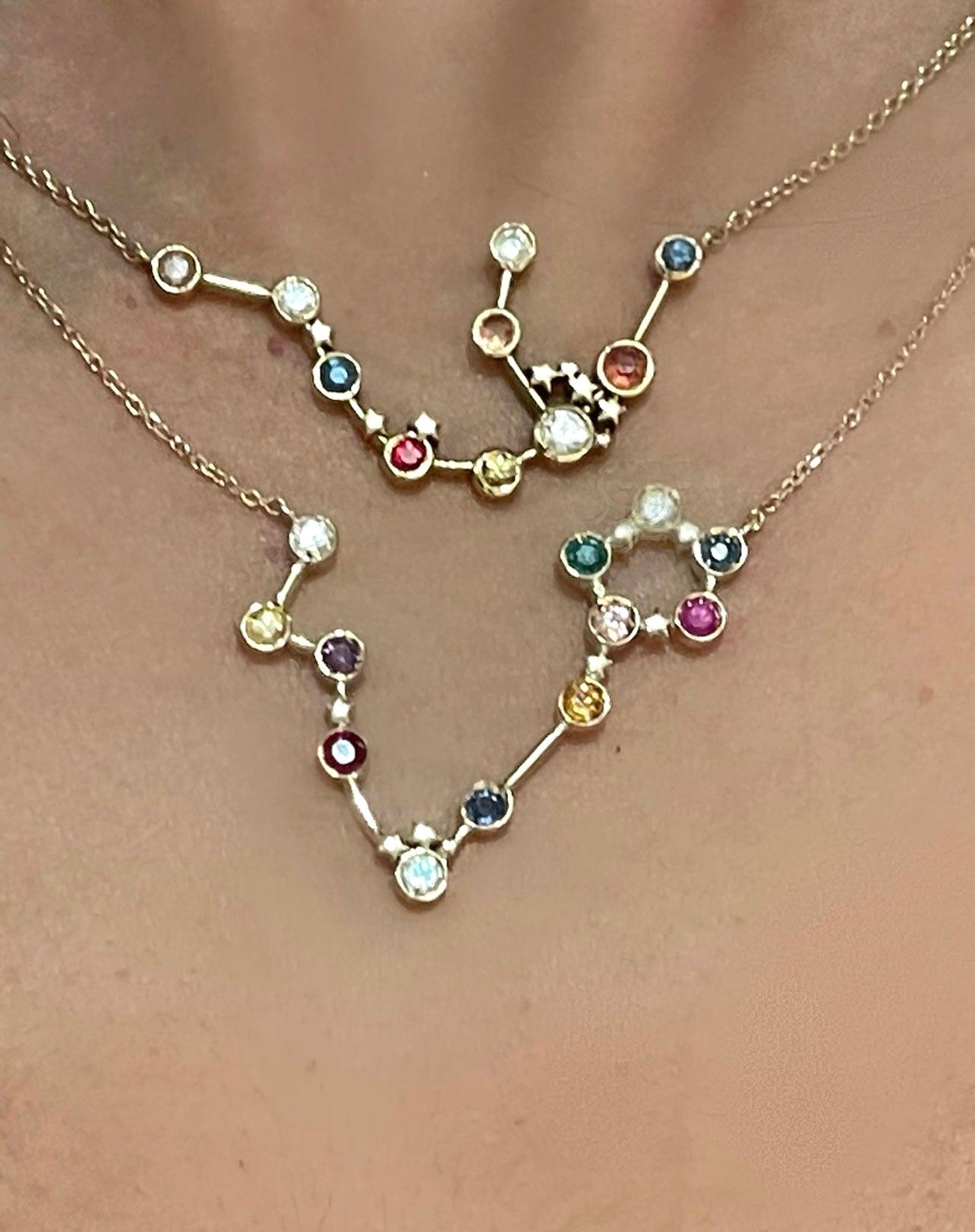 Brilliant Cut 18k Yellow Gold Aquarius Constellation Necklace with Sapphires and Diamonds