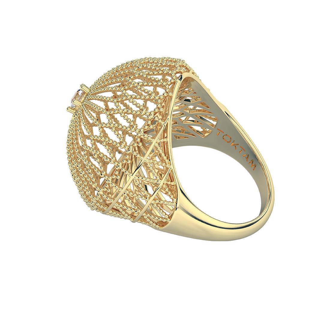 Round Cut 18k Yellow Gold Arabic Style Modernist Dome Lacework Ring