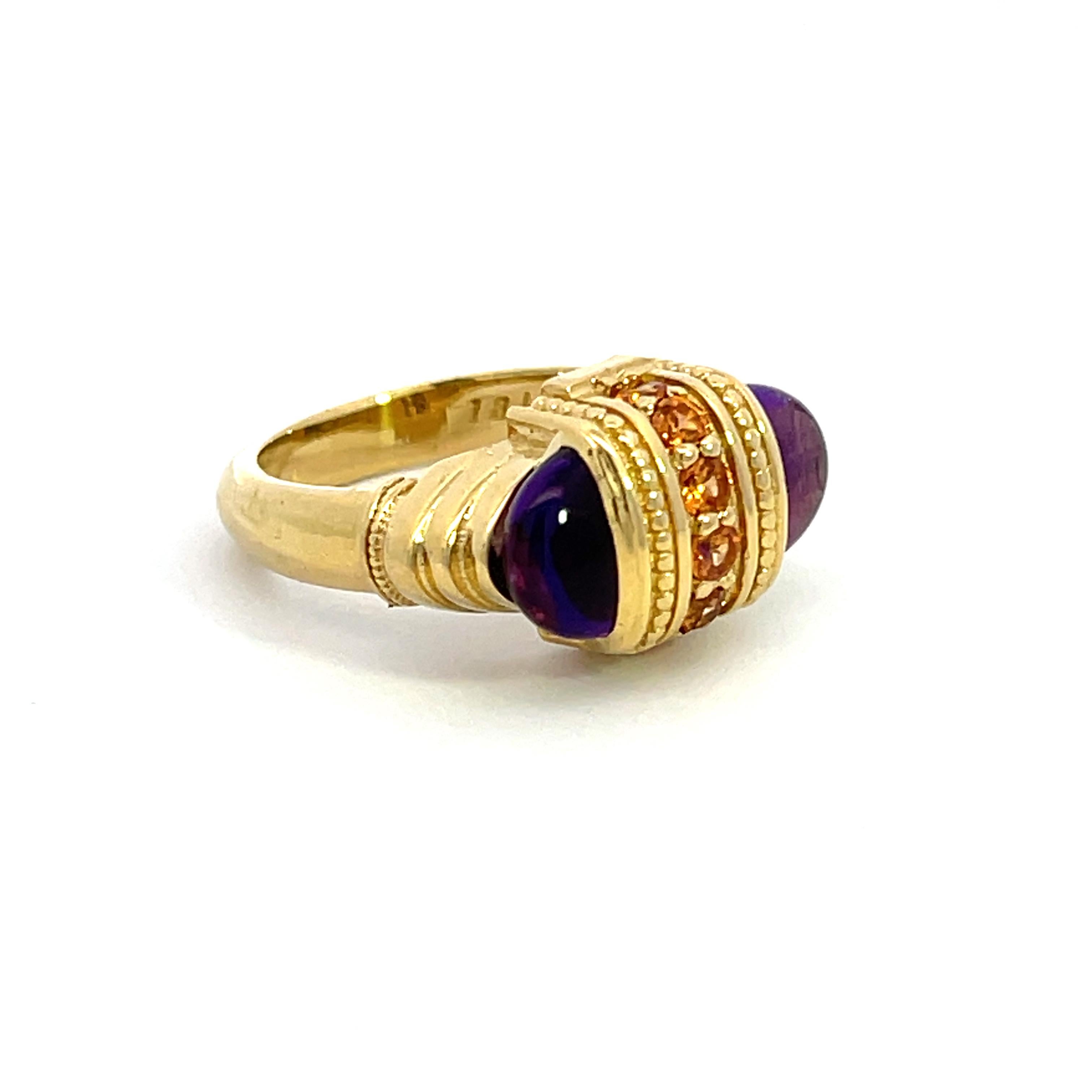 Contemporary 18k Yellow Gold Arch-style Ring with Amethyst and Citrine For Sale