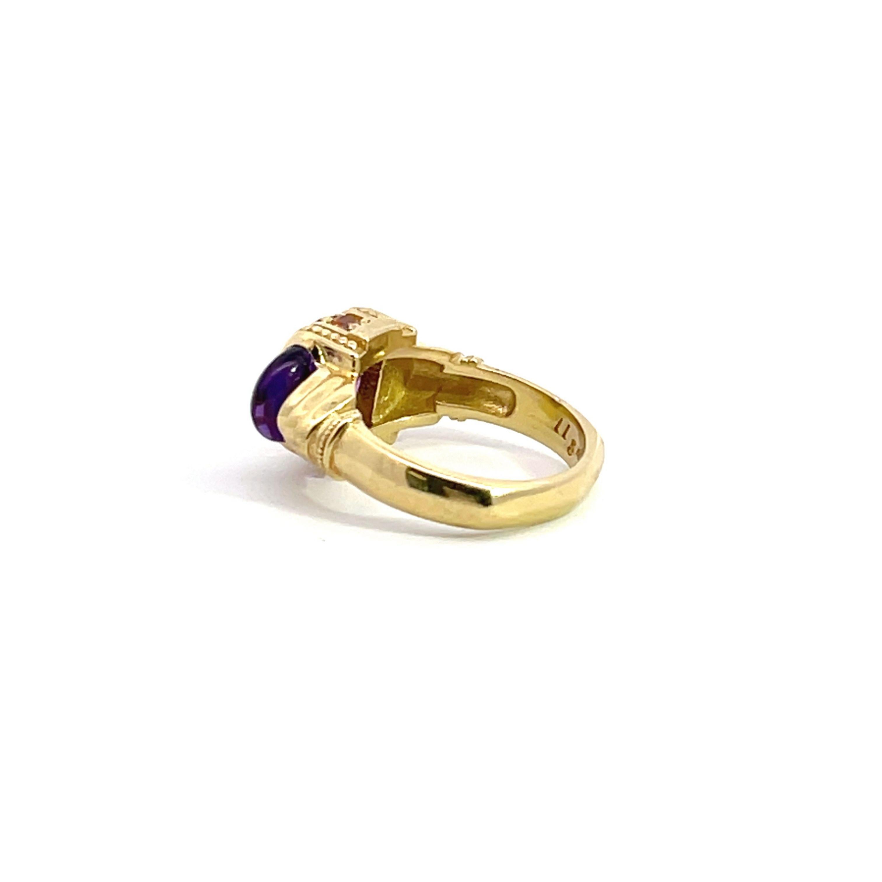 Cabochon 18k Yellow Gold Arch-style Ring with Amethyst and Citrine For Sale