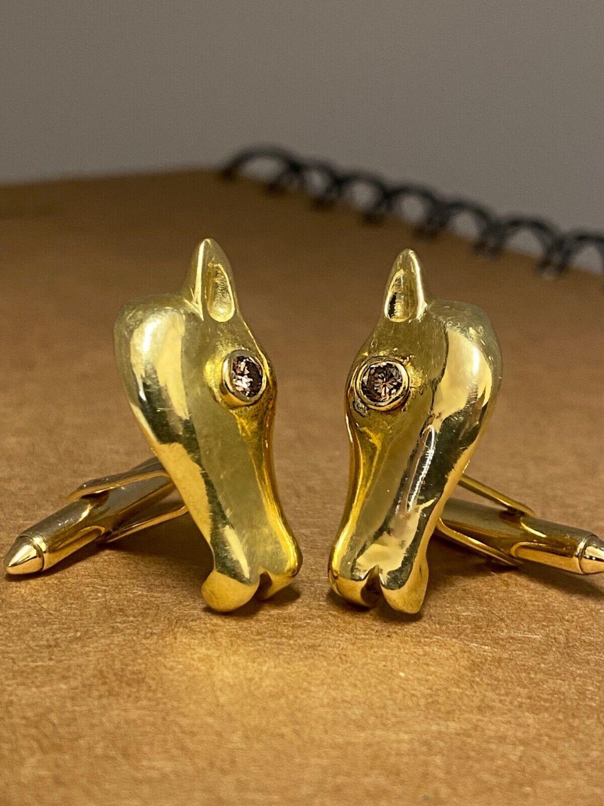 Retro 18k Yellow Gold, Argyle Champagne Diamond Melbourne Cup Horse Heads Cufflinks For Sale