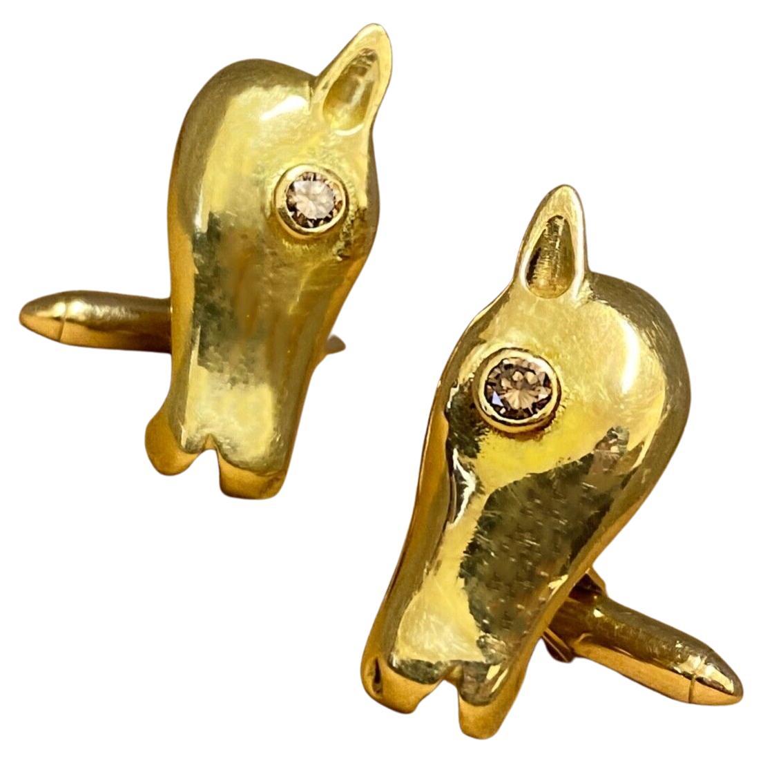 18k Yellow Gold, Argyle Champagne Diamond Melbourne Cup Horse Heads Cufflinks For Sale