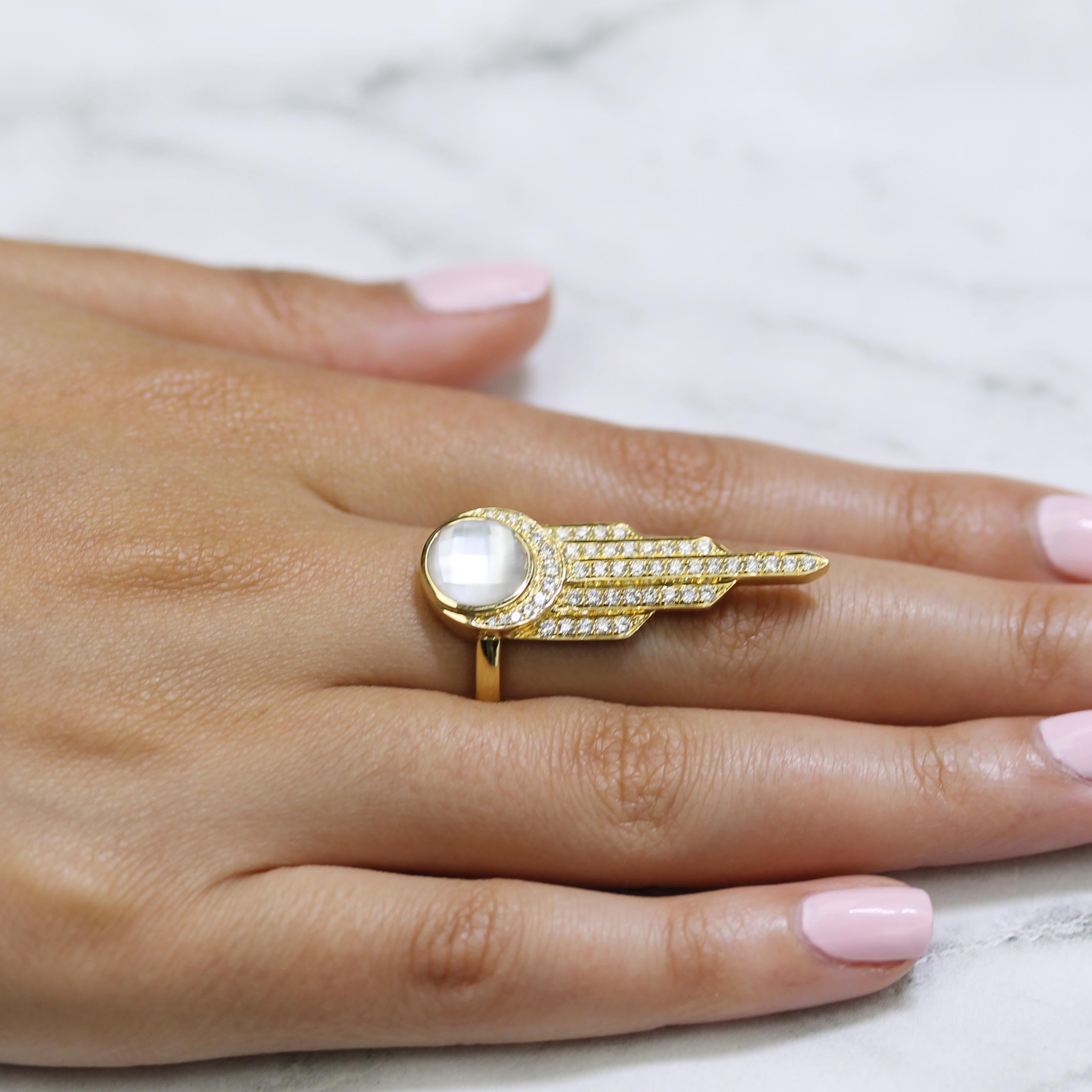 Art Deco Style Ring, featuring doublet of Checker-Cut White Quartz layered with White Mother of Pearl, and Diamond Halo, in 18K yellow gold. White mother of pearl comes from the inner lining of oyster shells, and is believed to promote prosperity.