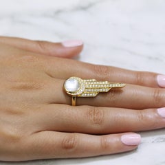 18K Yellow Gold Art Deco Style Cocktail Ring Mother of Pearl Quartz and Diamonds