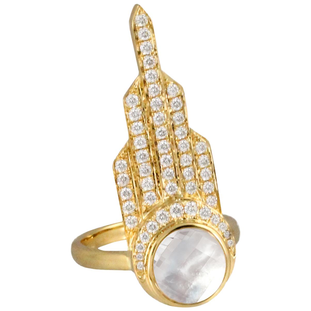 18K Yellow Gold Art Deco Style Cocktail Ring Mother of Pearl Quartz and Diamonds For Sale