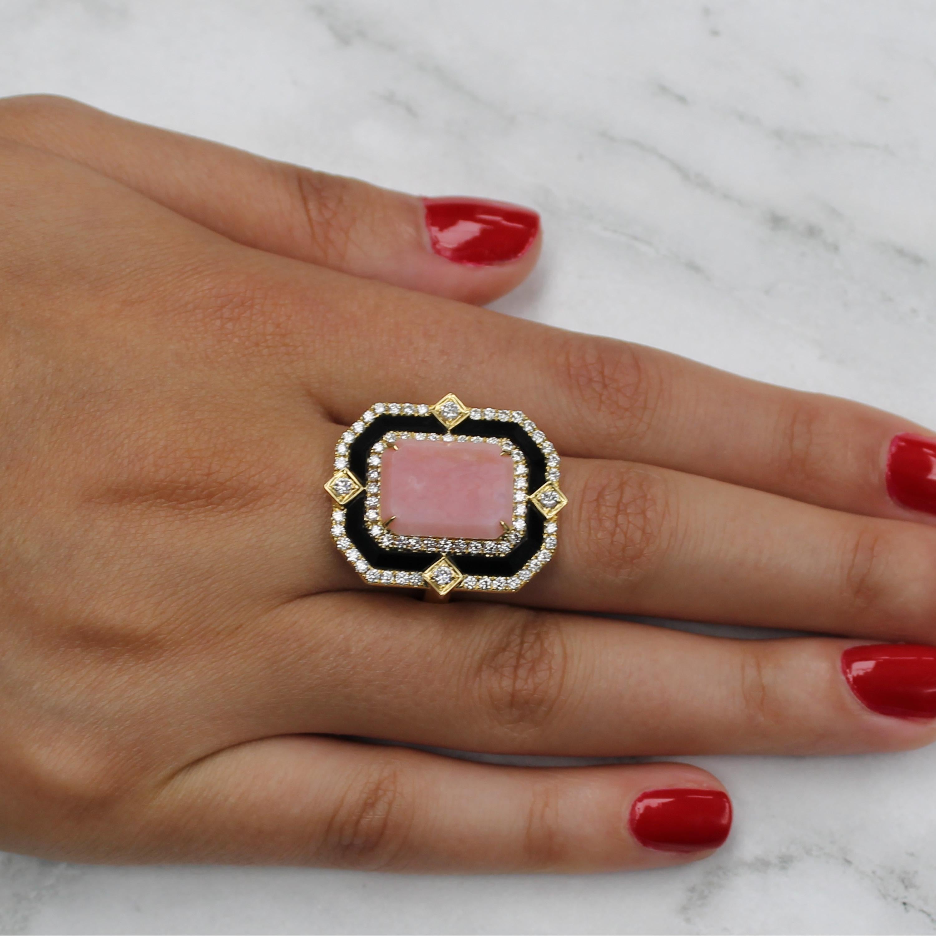 Art-Deco Style Cocktail Ring featuring Emerald-Cut Pink Opal, Black Onyx, and diamond halo, set in 18K yellow gold. Finger size 6.5, adjustable upon request/quote. Pink Opal is a powerful stone, known for healing the emotions, especially those