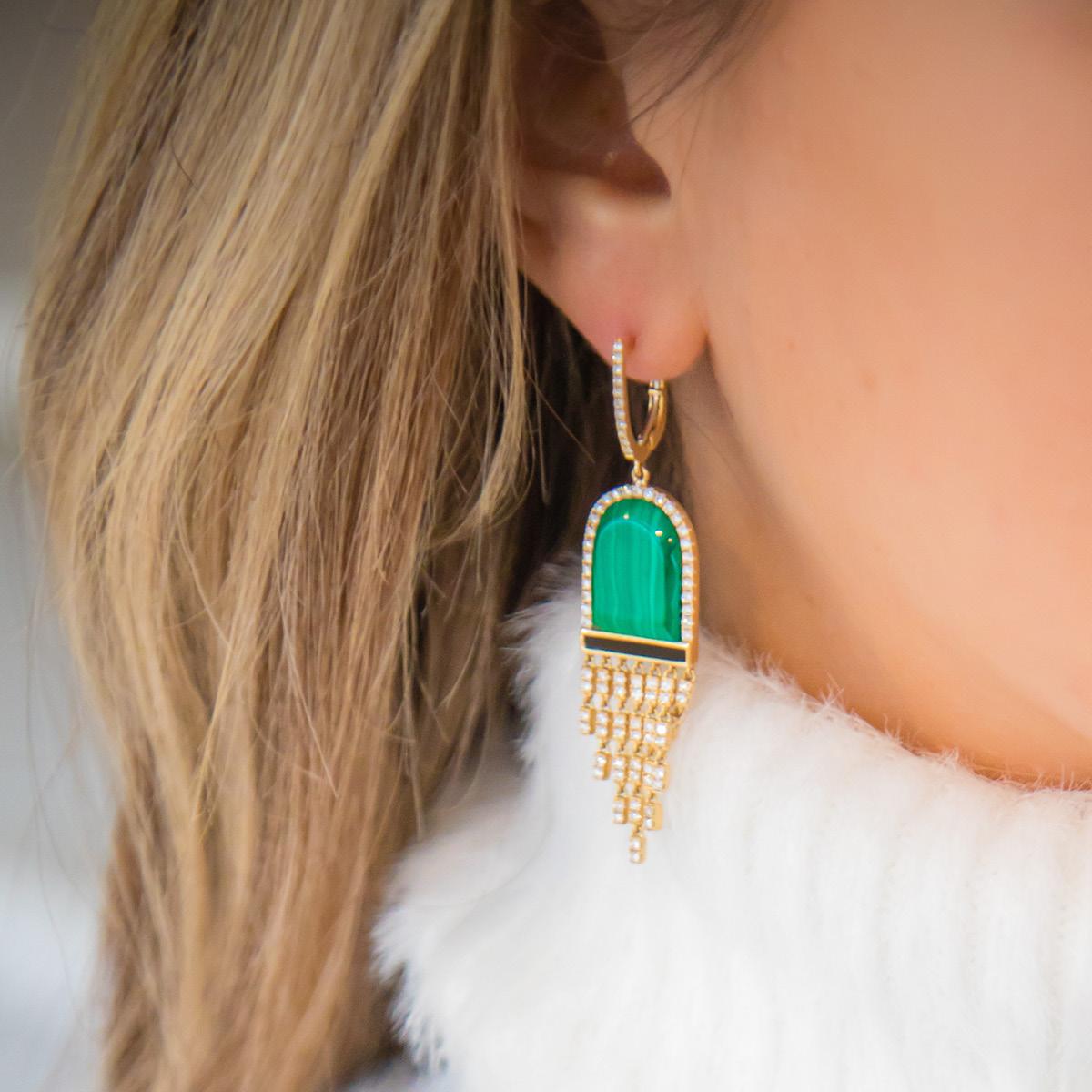 Art-Deco style Earrings featuring Malachite, Black Onyx Inlay, and diamonds set in 18K yellow gold. Chandelier Fringe design with nearly one and a half carats of flowing white diamonds. Diamon huggie-top enclosure. The Gatsby collection from Doves