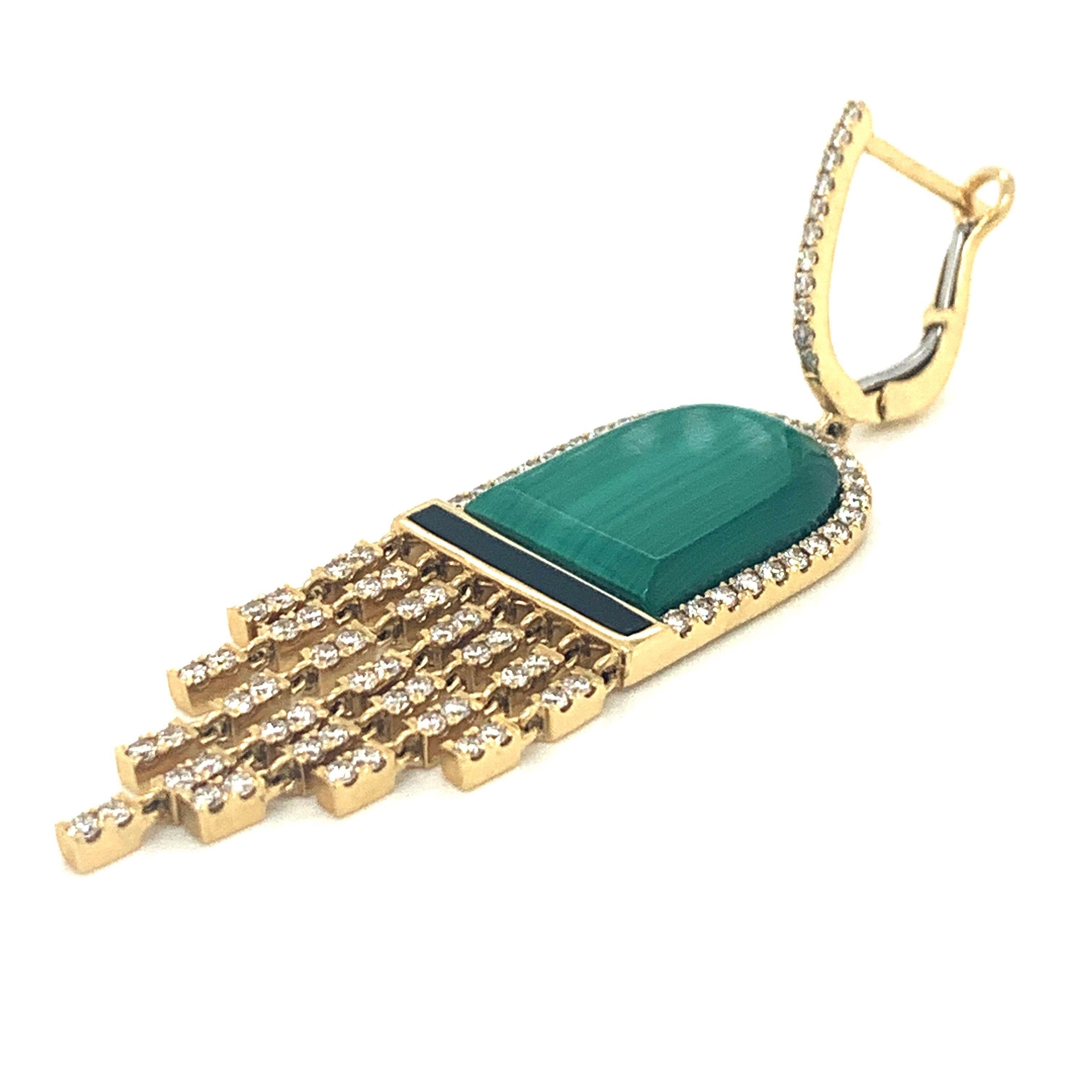 Cabochon 18K Gold Art Deco Style Earrings Malachite, Black Onyx and 1.48 Carat Diamonds For Sale