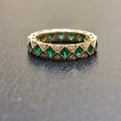18K Yellow Gold Art Deco Eternity Diamond Princess Cut Emerald Engagement Band