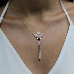 18 Karat Gold Art Deco Style Half-Moon Necklace Pink Opal, Black Onyx, Diamonds
