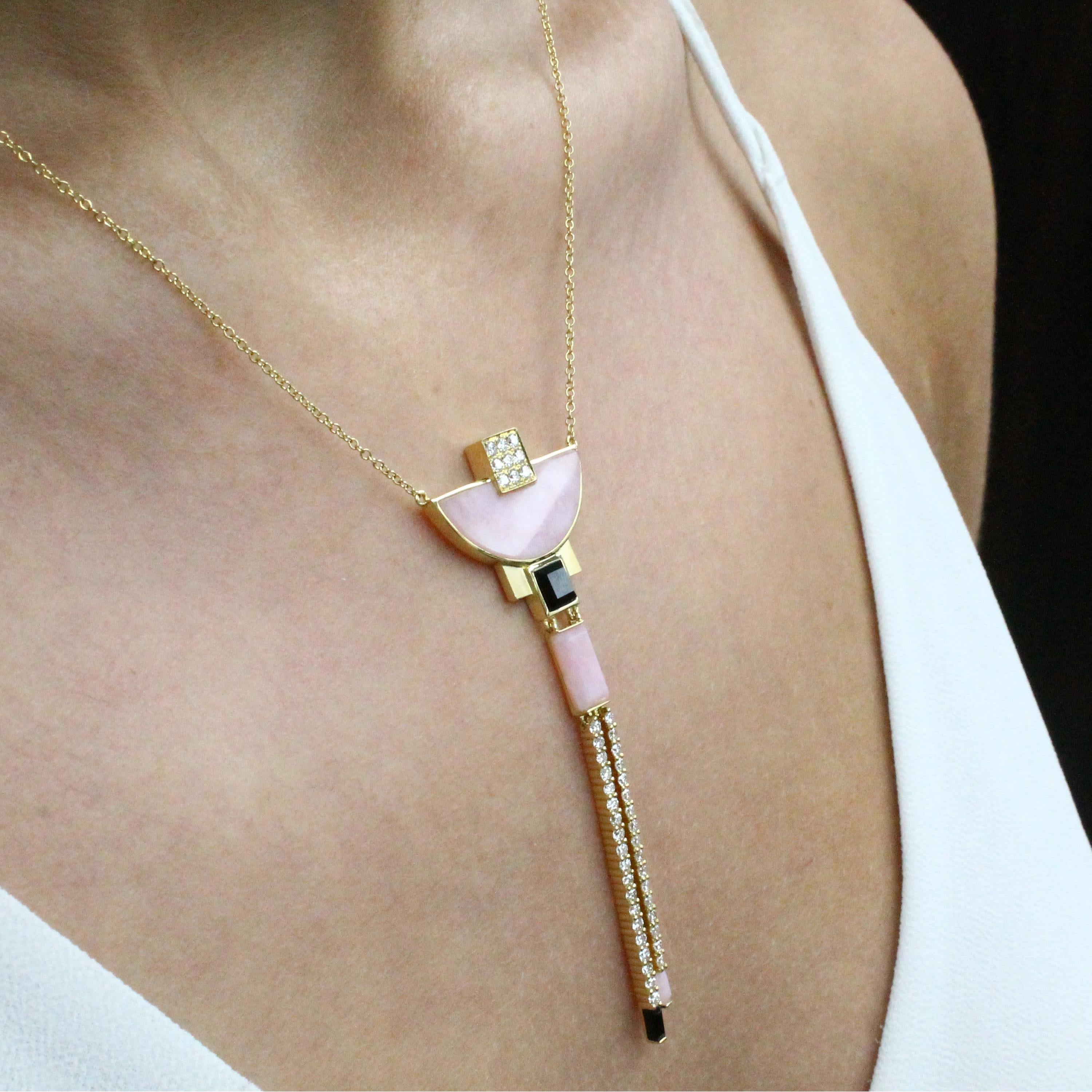 Half Moon Cut 18 Karat Gold Art Deco Style Half-Moon Necklace Pink Opal, Black Onyx, Diamonds For Sale