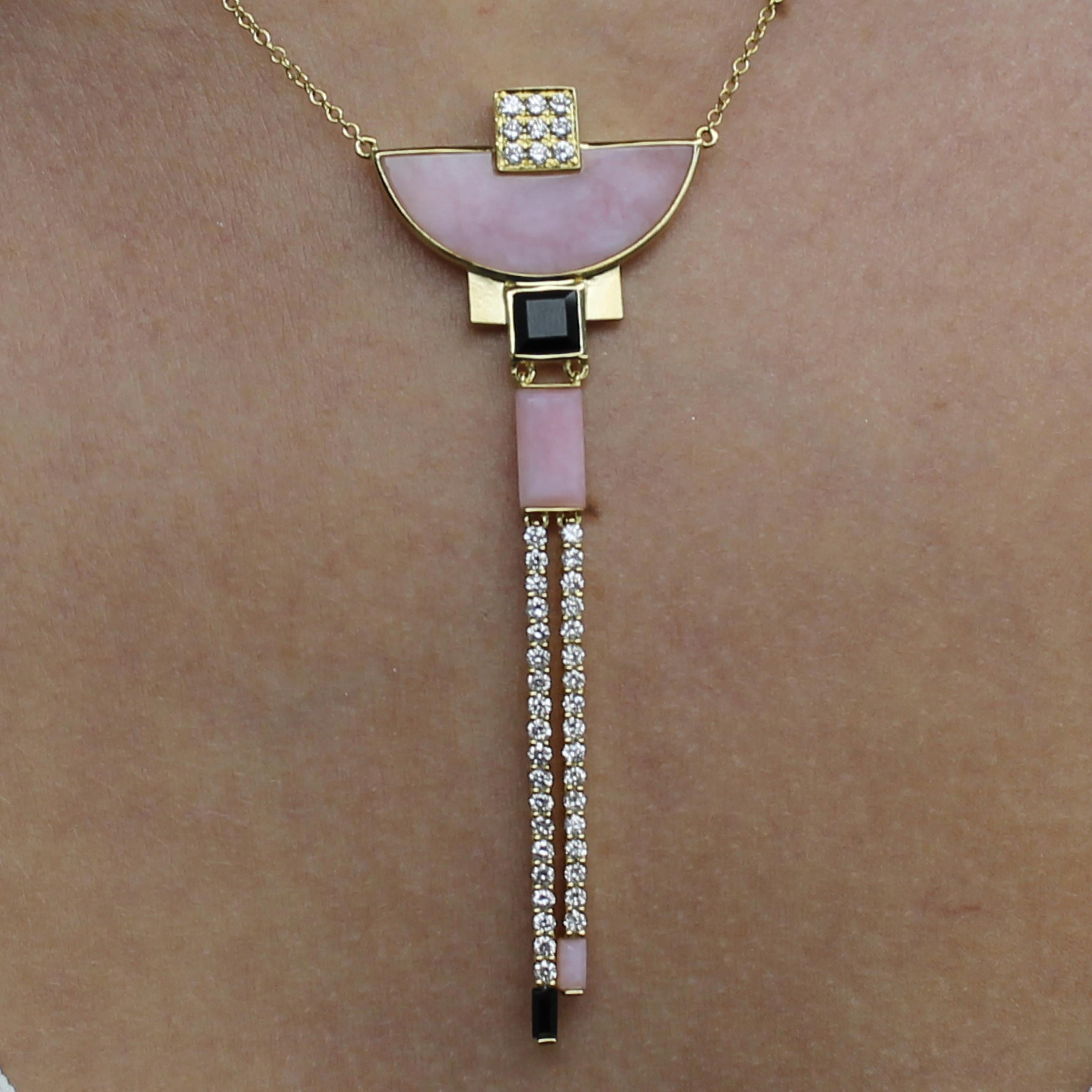 18 Karat Gold Art Deco Style Half-Moon Necklace Pink Opal, Black Onyx, Diamonds In New Condition For Sale In Great Neck, NY