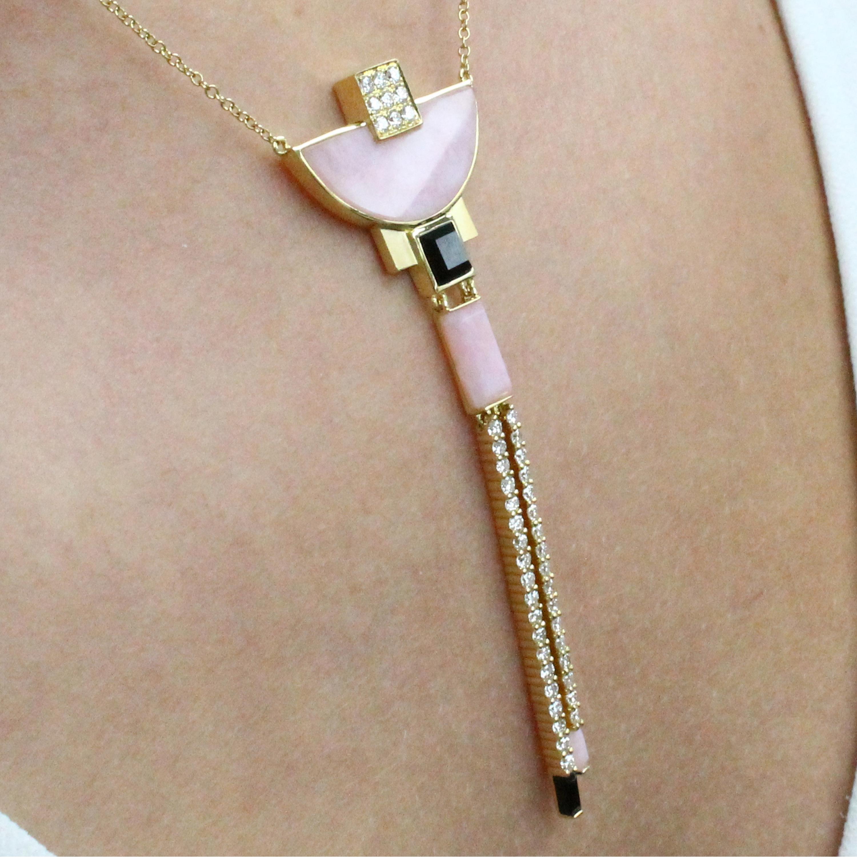 Women's 18 Karat Gold Art Deco Style Half-Moon Necklace Pink Opal, Black Onyx, Diamonds For Sale