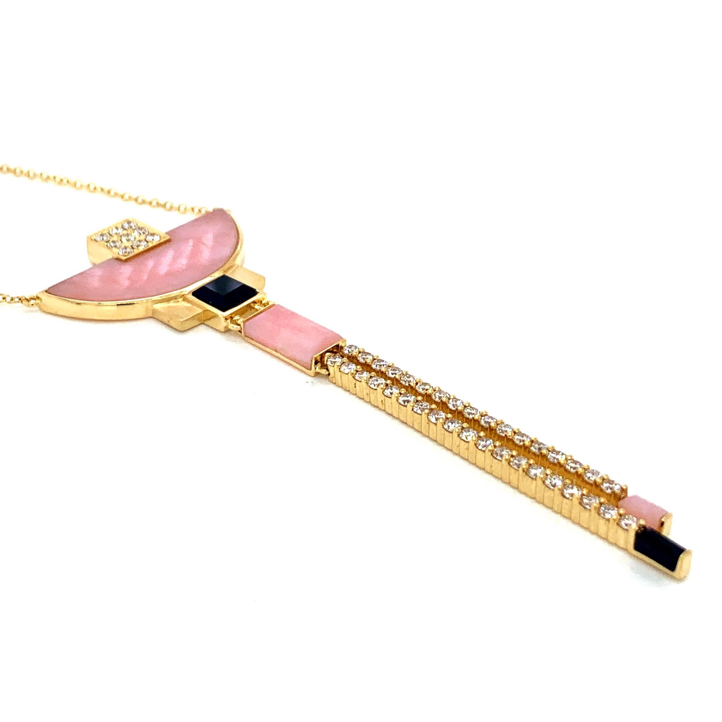 18 Karat Gold Art Deco Style Half-Moon Necklace Pink Opal, Black Onyx, Diamonds For Sale 1