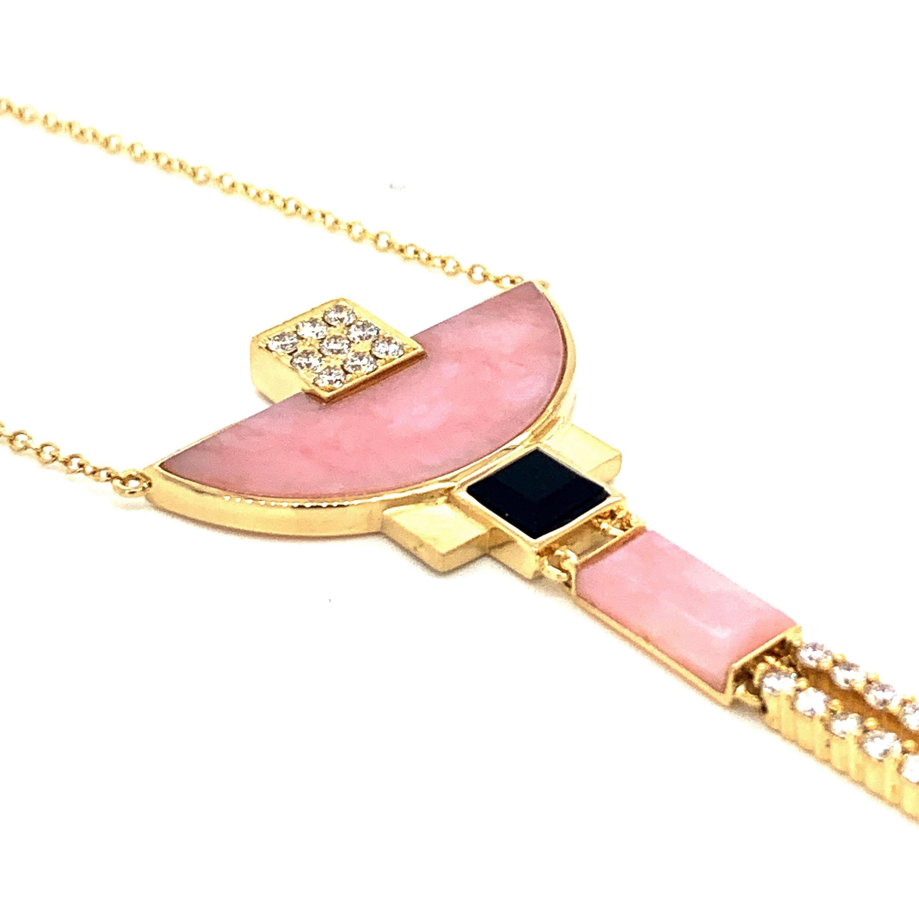 18 Karat Gold Art Deco Style Half-Moon Necklace Pink Opal, Black Onyx, Diamonds For Sale 2