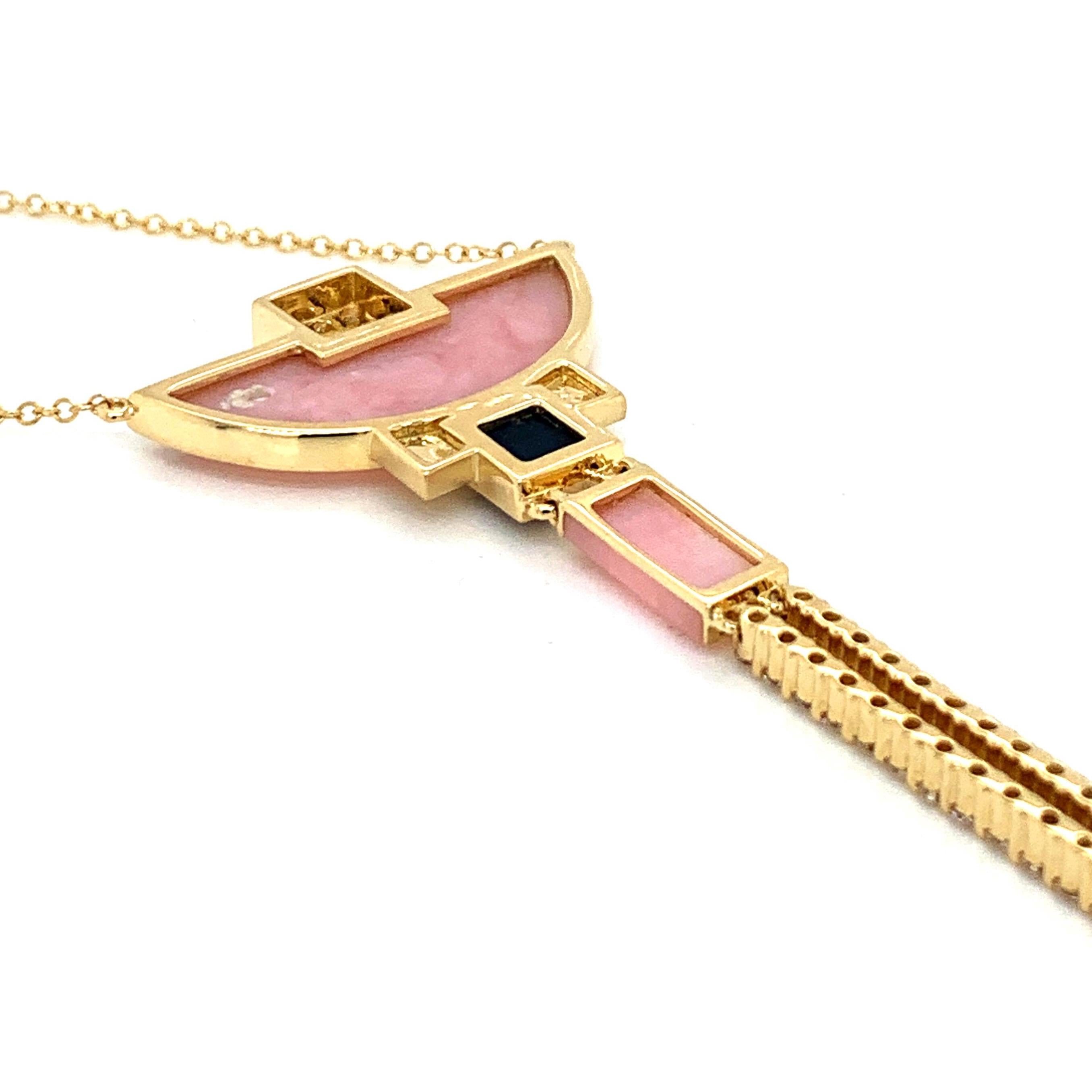 18 Karat Gold Art Deco Style Half-Moon Necklace Pink Opal, Black Onyx, Diamonds For Sale 3