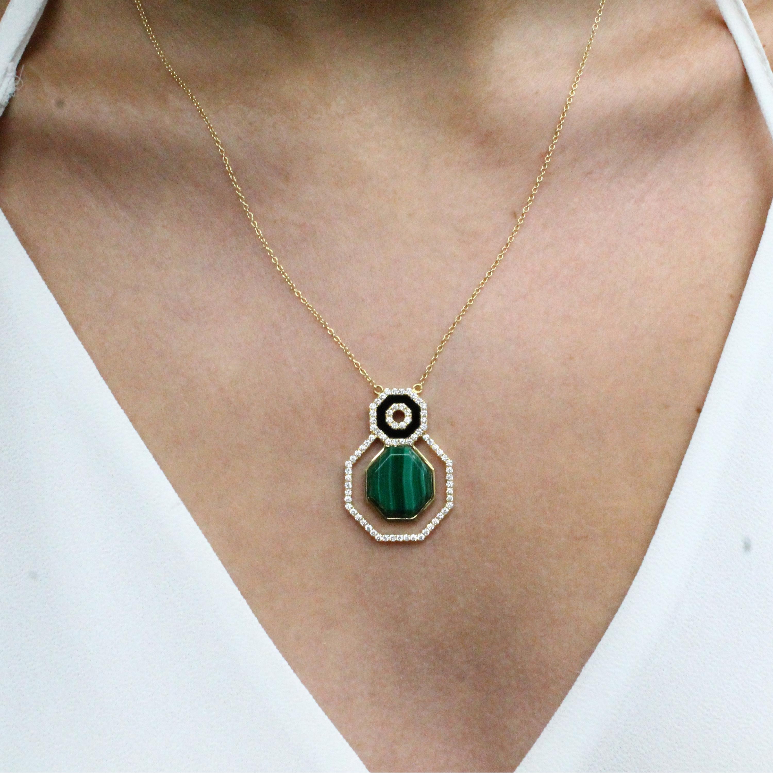 Art-Deco Style Malachite and Black Onyx Hexagon Necklace with diamonds on a 18