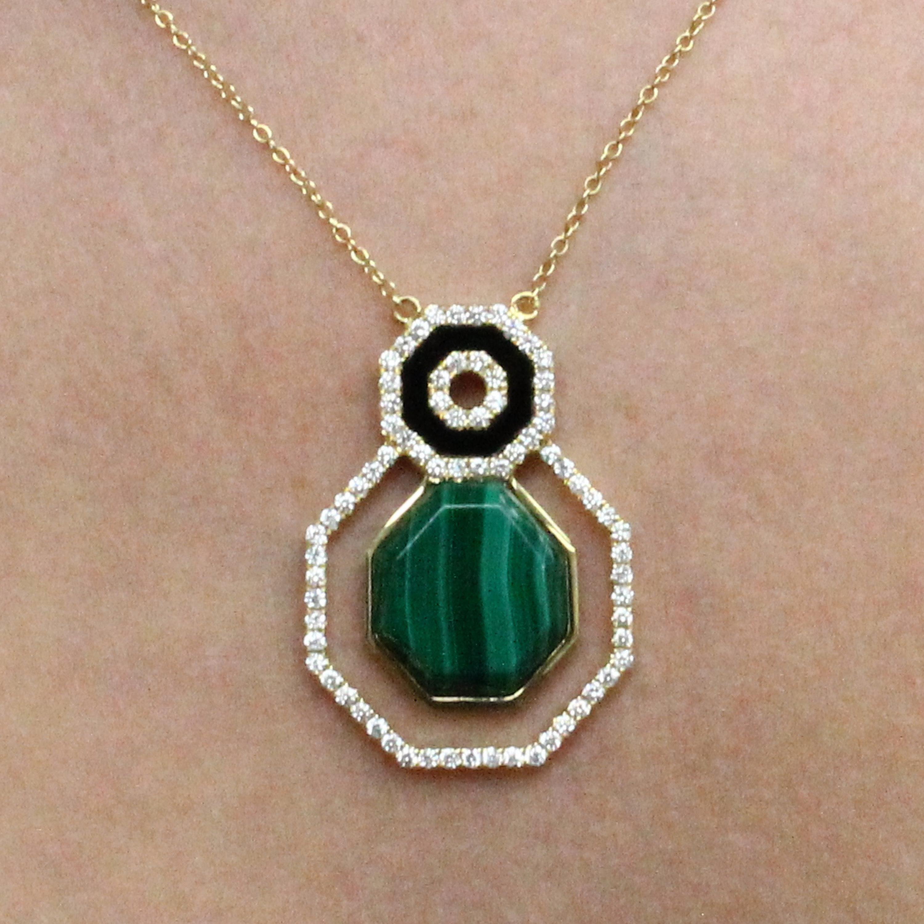 Hexagon Cut 18 Karat Gold Art Deco Style Hexagon Necklace Malachite, Black Onyx and Diamonds