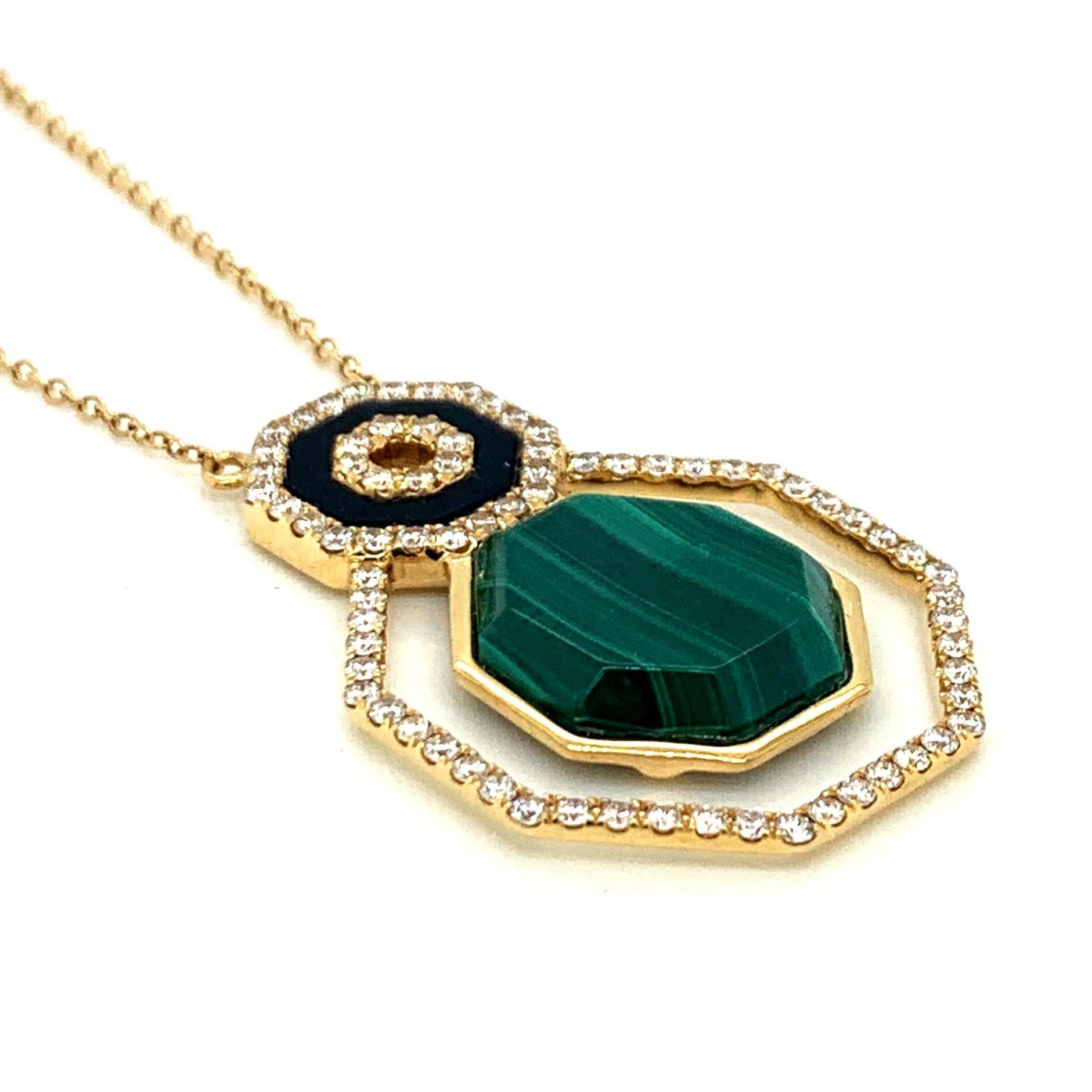 18 Karat Gold Art Deco Style Hexagon Necklace Malachite, Black Onyx and Diamonds 1