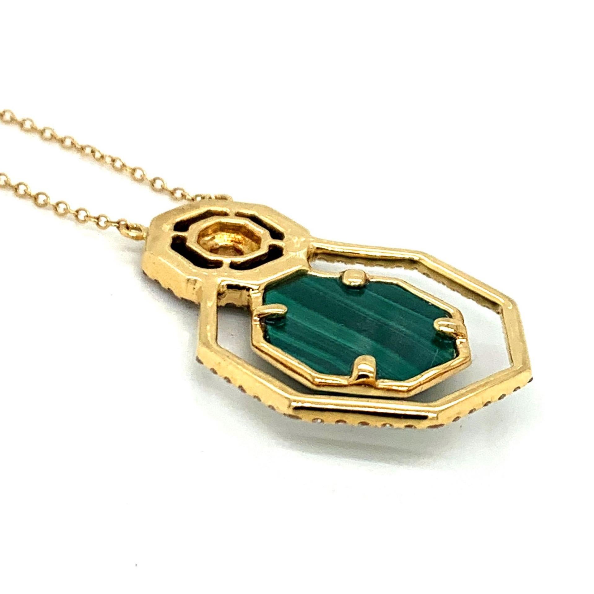 18 Karat Gold Art Deco Style Hexagon Necklace Malachite, Black Onyx and Diamonds 2