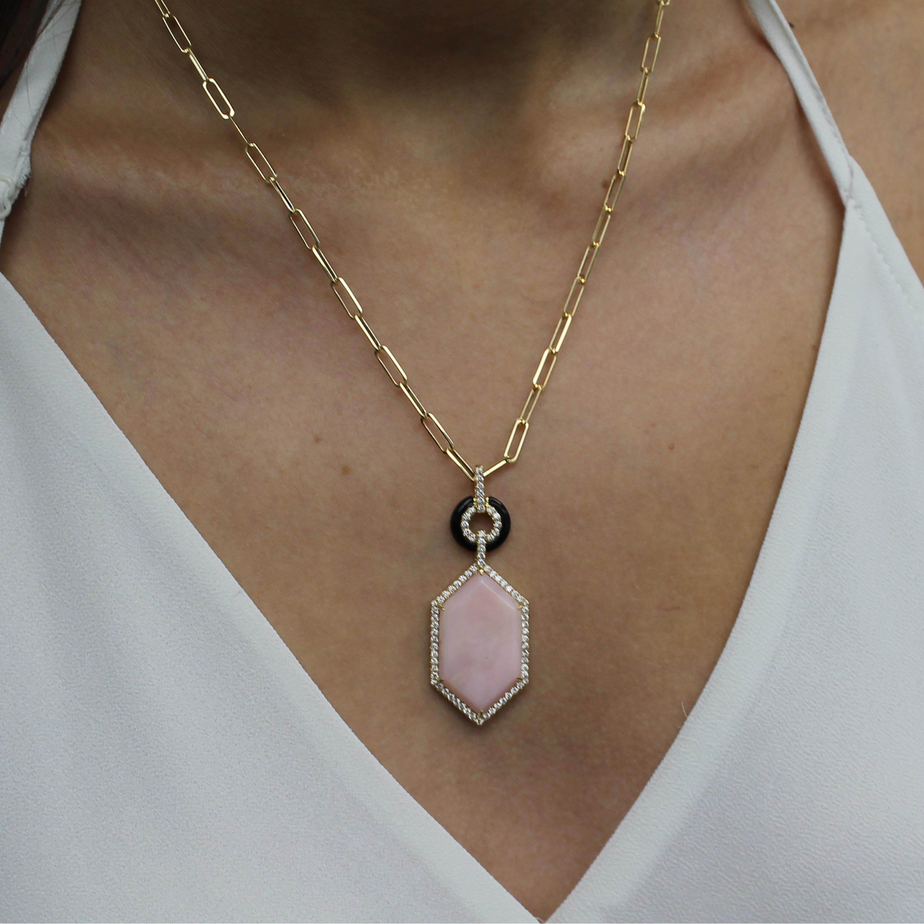 Art-Deco Necklace featuring a Hexagonal Pink Opal, Black Onyx, and diamonds, in 18K yellow gold. 18