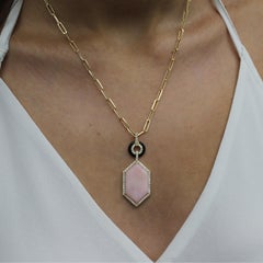 18 Karat Gold Art Deco Hexagon Necklace with Pink Opal, Black Onyx, Diamonds
