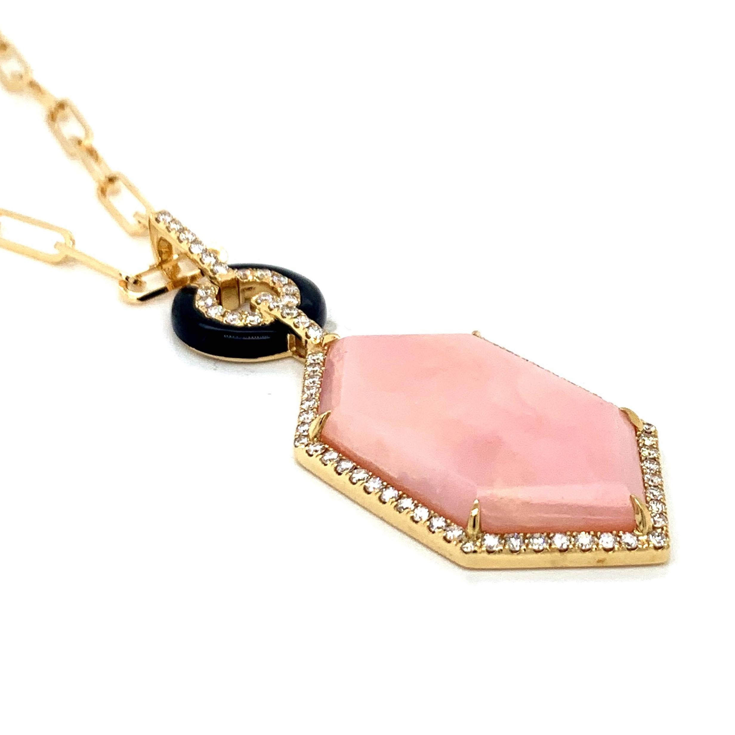 Women's 18 Karat Gold Art Deco Hexagon Necklace with Pink Opal, Black Onyx, Diamonds