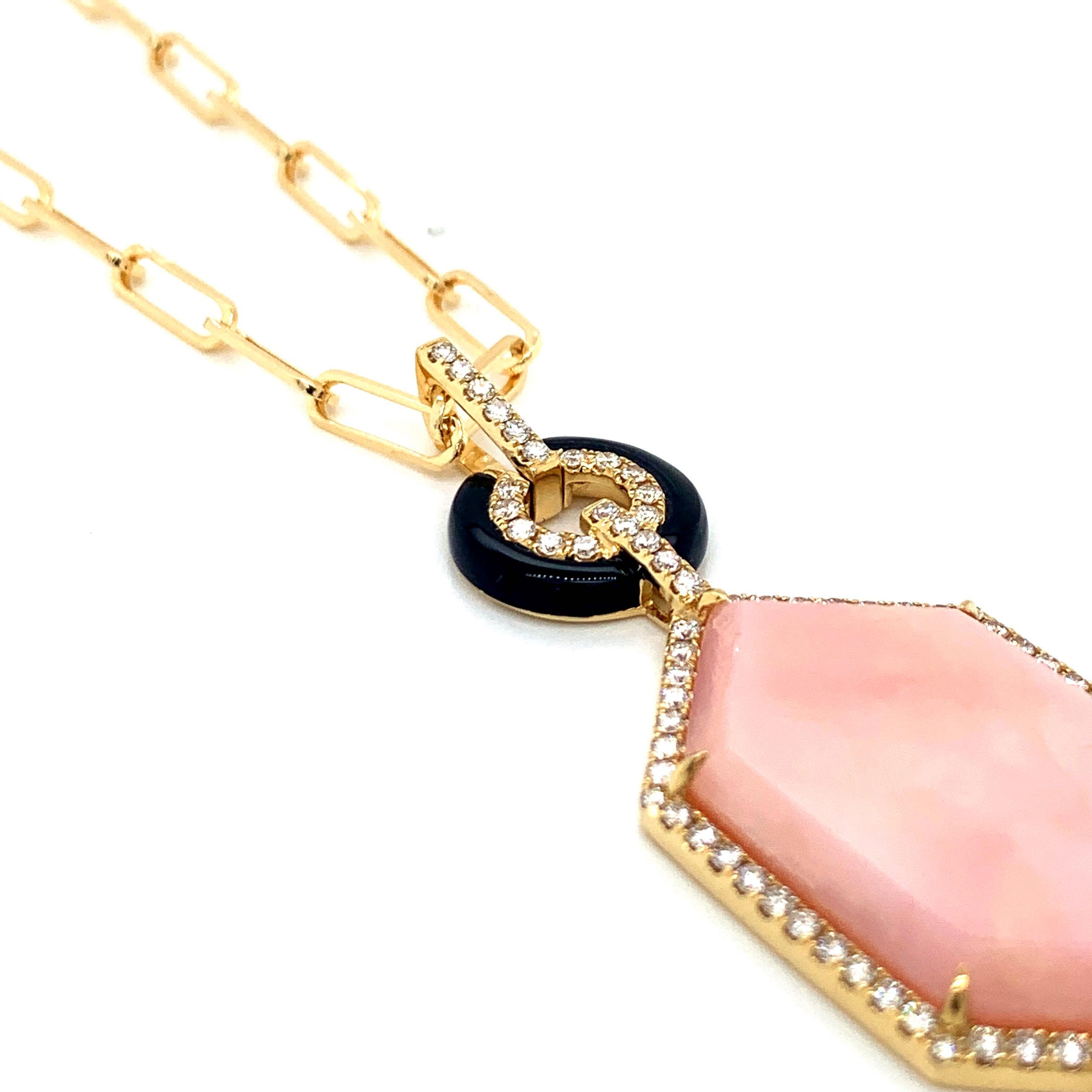 18 Karat Gold Art Deco Hexagon Necklace with Pink Opal, Black Onyx, Diamonds 1