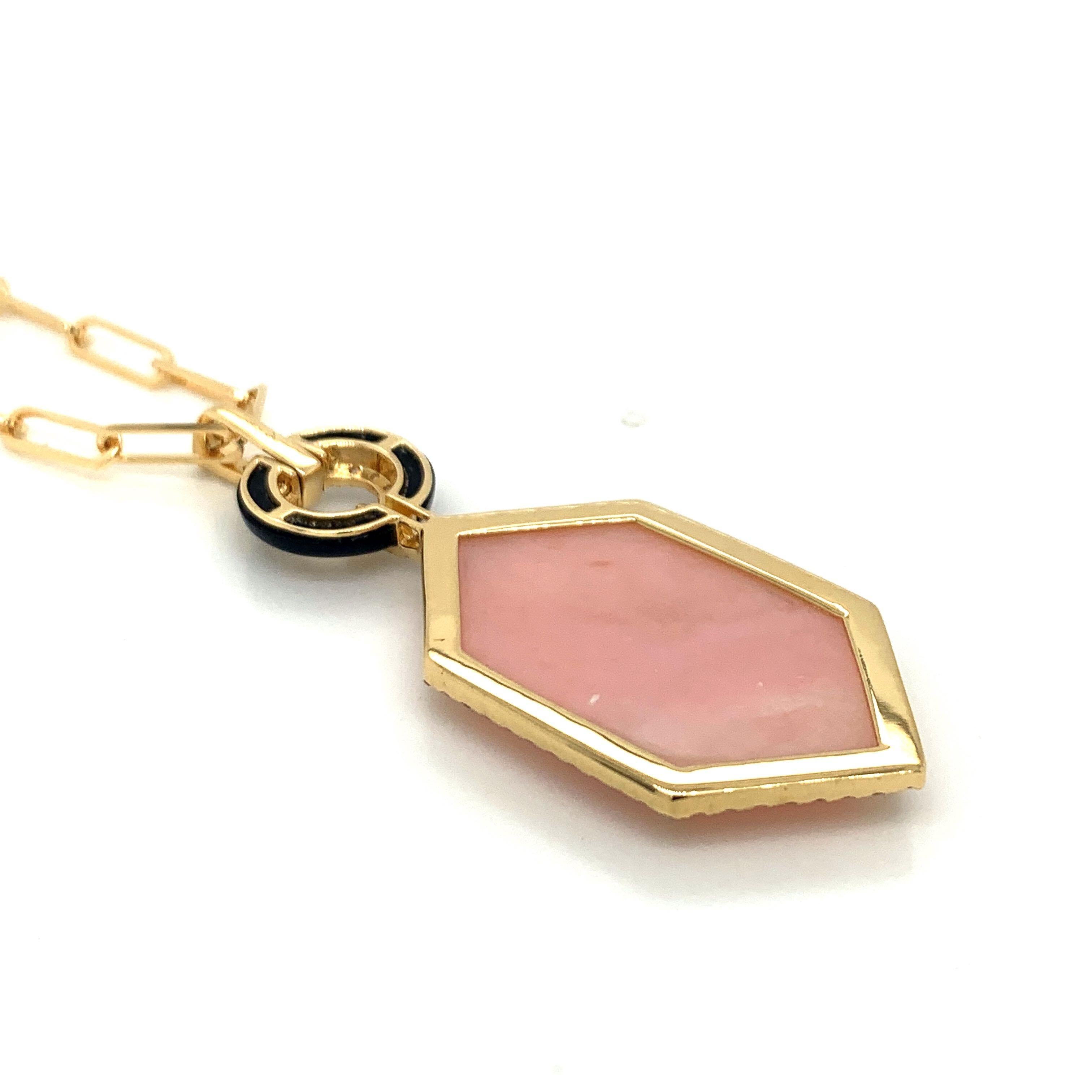 18 Karat Gold Art Deco Hexagon Necklace with Pink Opal, Black Onyx, Diamonds 2