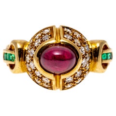 Retro 18k Yellow Gold Art Deco Revival Cabachon Ruby, Emerald and Pave Diamond Ring