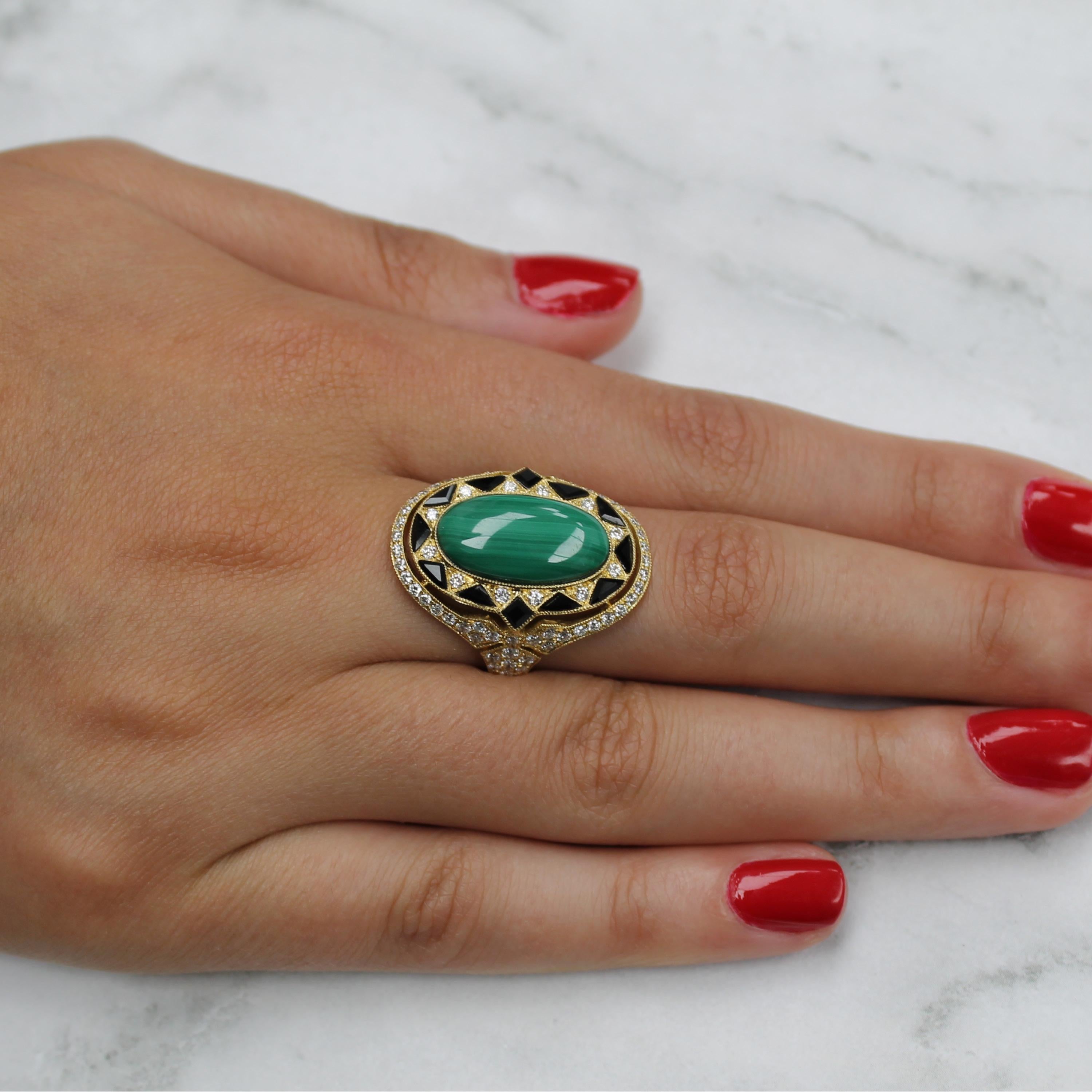 Art-Deco Style Cocktail Ring featuring Cabochon Oval Malachite, Black Onyx Inlay, and diamonds set in 18K yellow gold. Finger size 6.5, adjustable upon request/quote. The Gatsby collection from Doves by Doron Paloma features exquisite art-deco