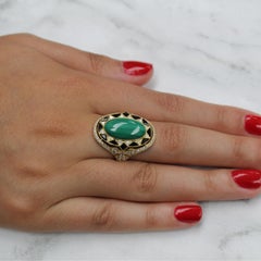 18 Karat Gold Art Deco Style Ring Cabochon Oval Malachite Black Onyx Diamonds