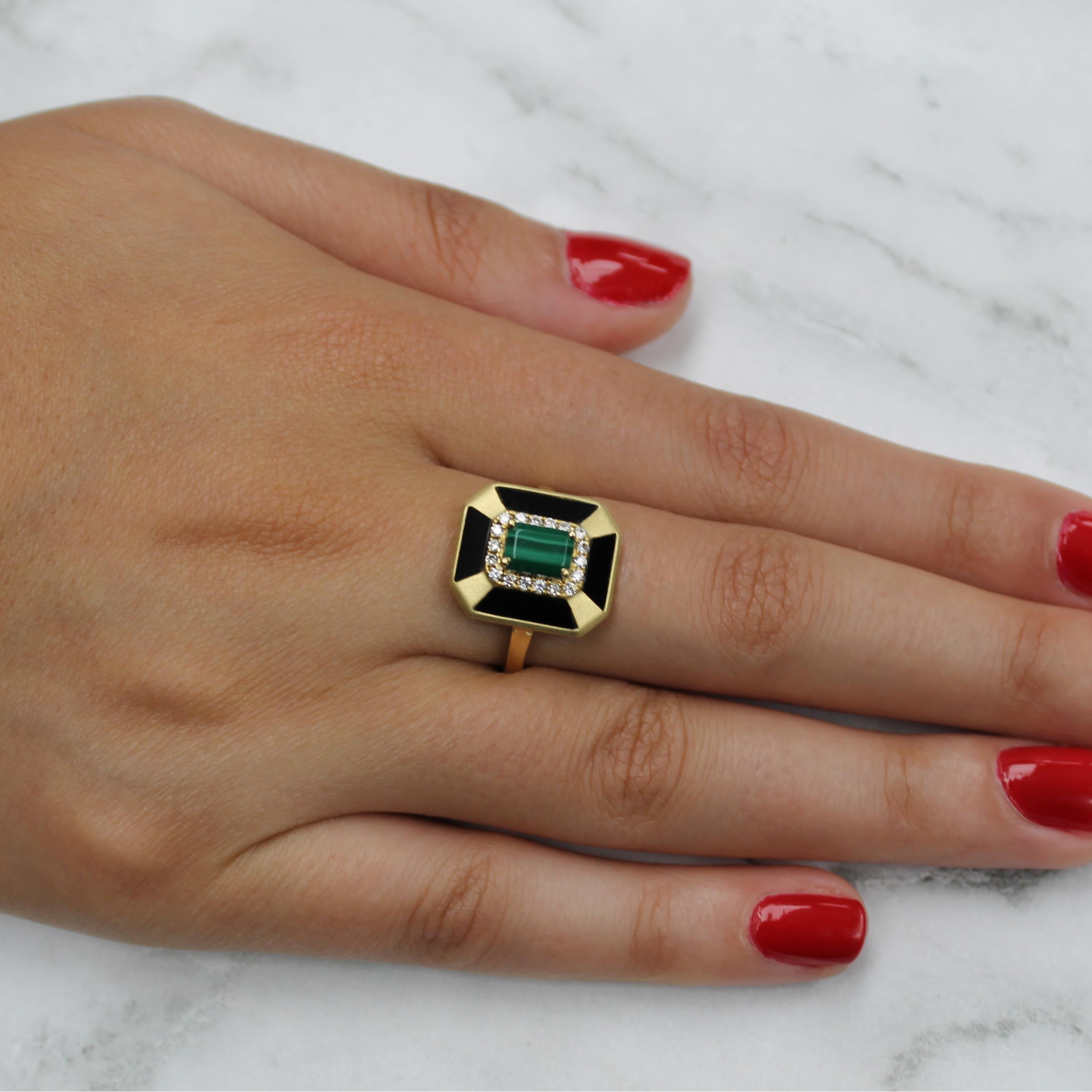 *Please allow 4-6 weeks for delivery*

Art-Deco Style Cocktail Ring featuring Emerald-Cut Malachite, Black Onyx Inlay, and diamonds set in 18K yellow gold. Finger size 6.5, adjustable upon request/quote. The Gatsby collection from Doves by Doron