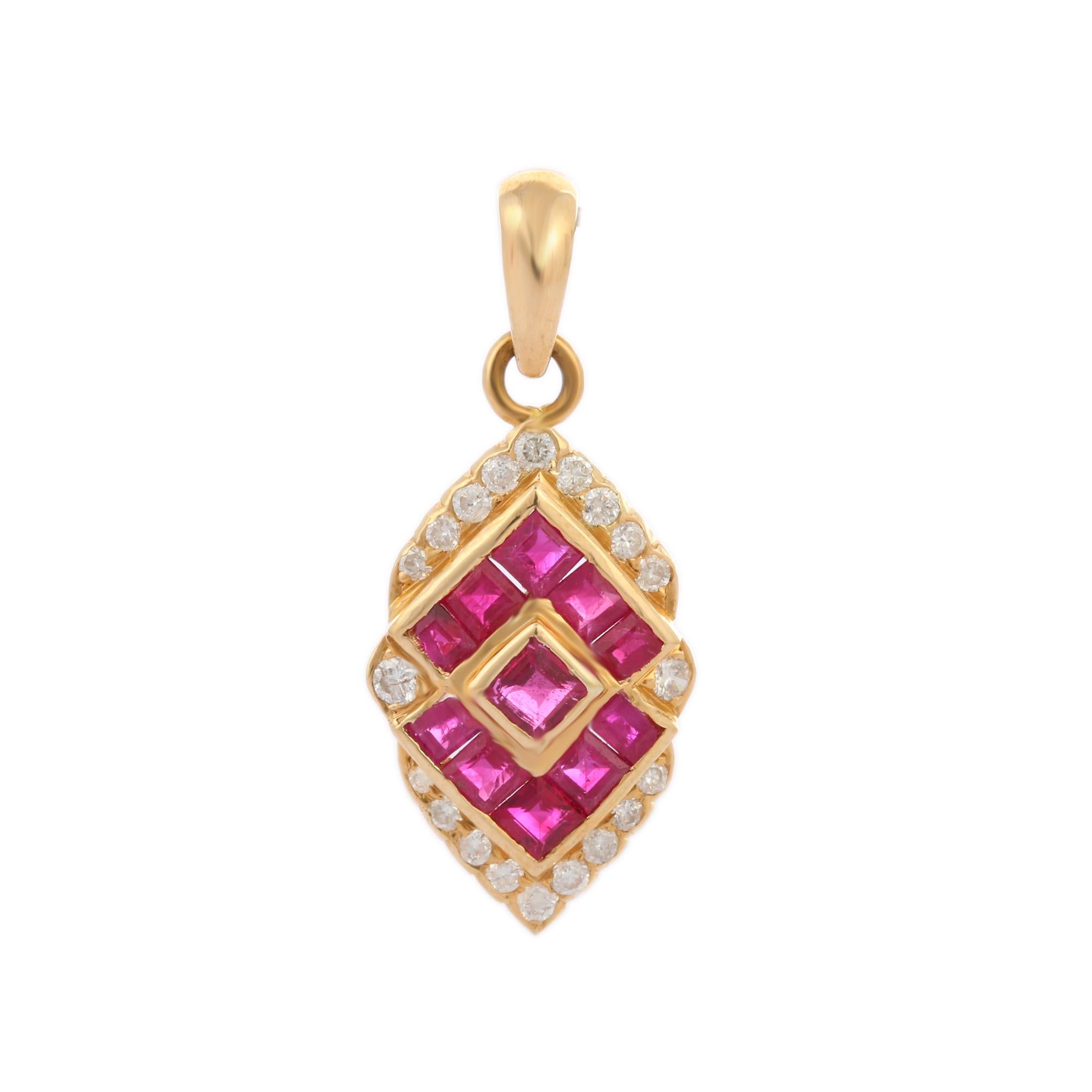 Ruby Diamond Pendant in 18K Gold. It has a square cut ruby studded with diamonds that completes your look with a decent touch. Pendants are used to wear or gifted to represent love and promises. It's an attractive jewelry piece that goes with every