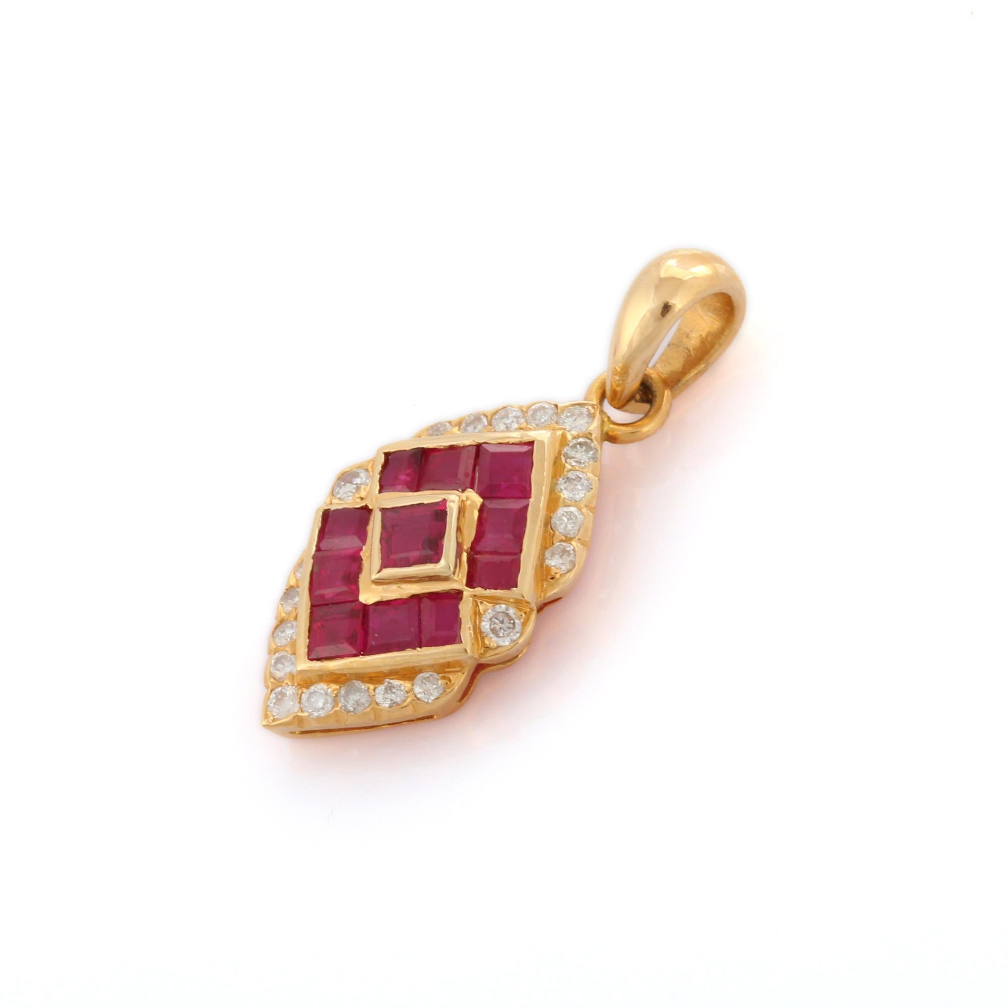 Square Cut 18K Yellow Gold Contemporary Ruby Diamond Handmade Pendant for Her For Sale