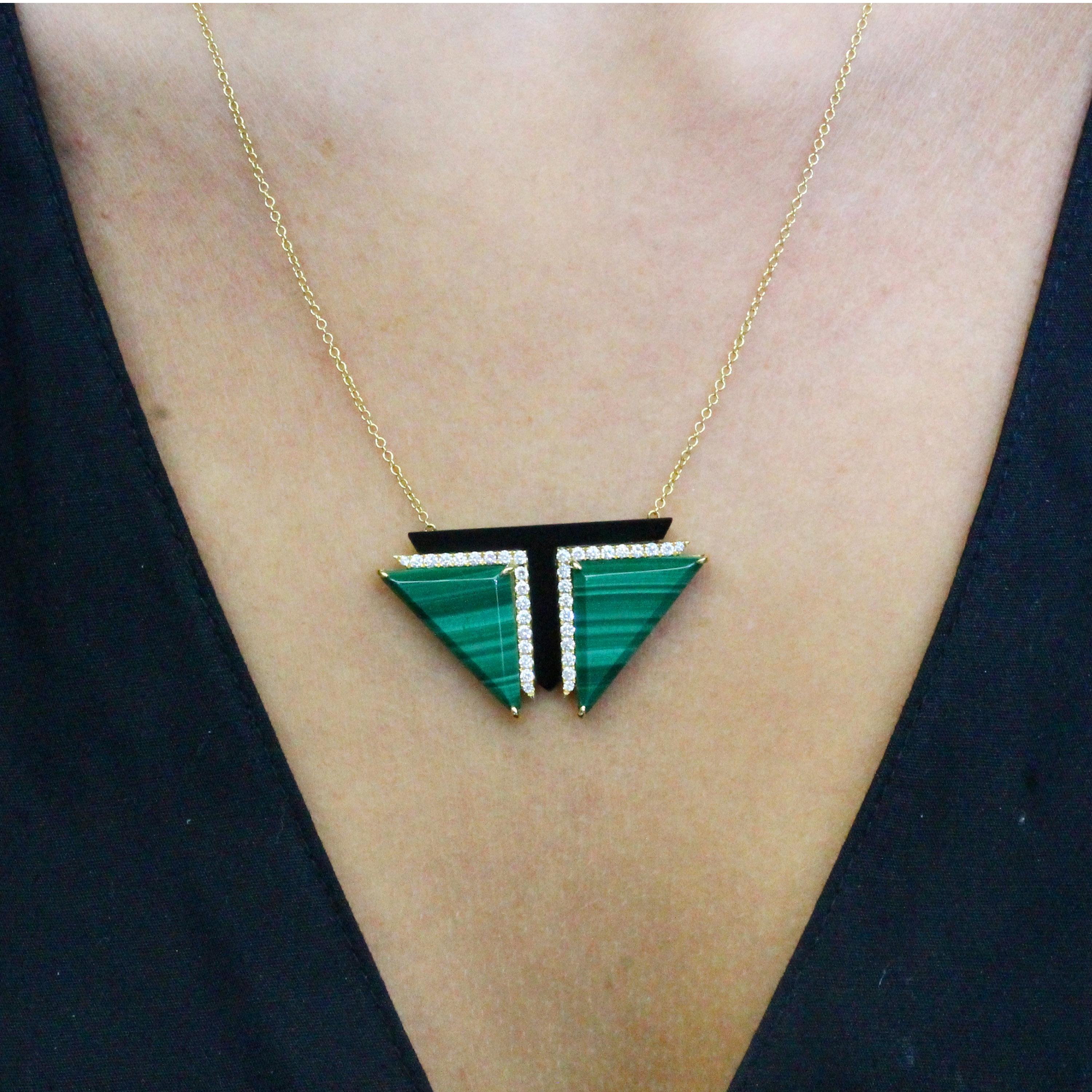 Art-Deco style Necklace featuring Triangular Malachite, Black Onyx, and Diamonds set in 18K yellow gold, hanging on an 18-inch Chain with 16-inch adjuster. Malachite is stone of balance and abundance, and often called 