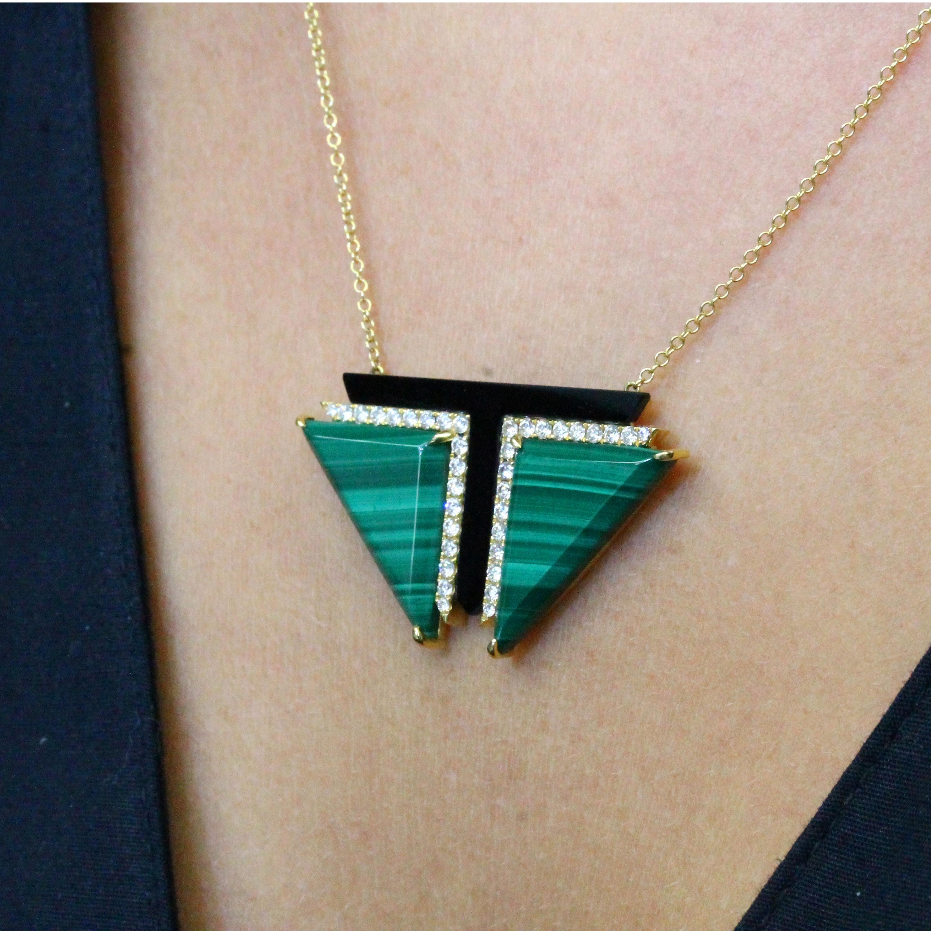 Trillion Cut 18K Yellow Gold Art Deco Style Necklace w/Malachite, Black Onyx & Diamonds For Sale