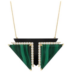 18K Yellow Gold Art Deco Style Necklace w/Malachite, Black Onyx 
Diamonds