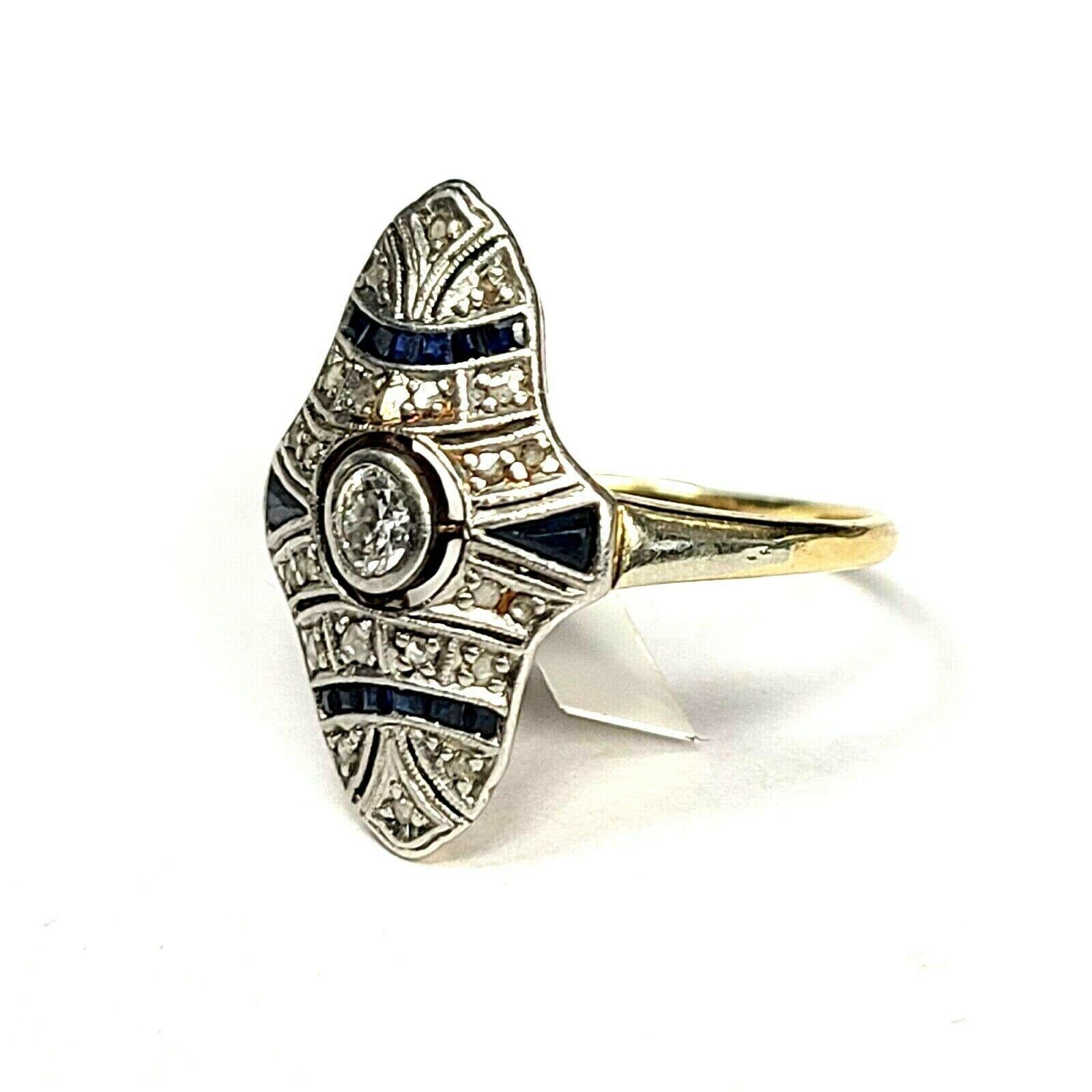 Women's 18K Yellow Gold Art Deco with Sapphire and Diamond Ring For Sale