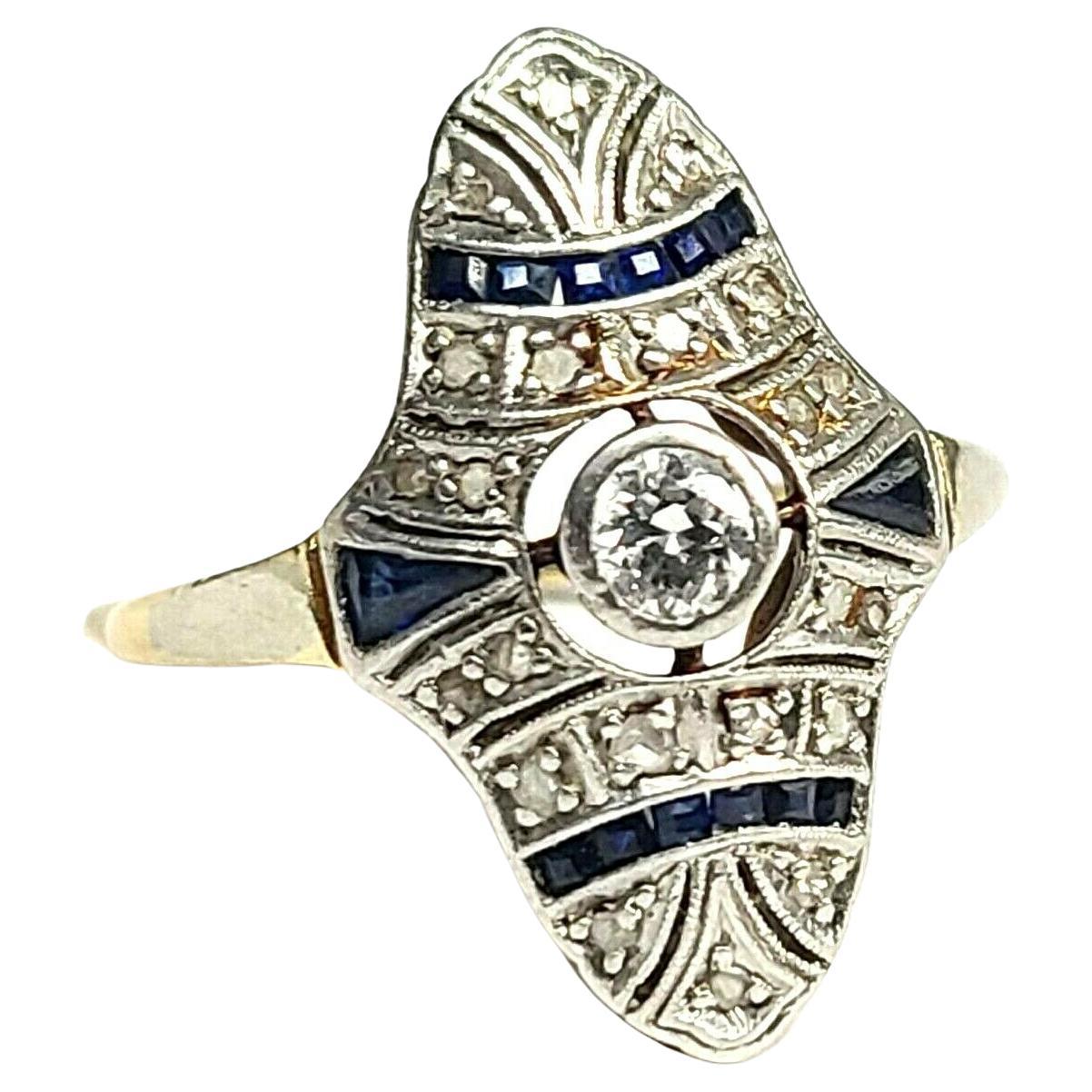 18K Yellow Gold Art Deco with Sapphire and Diamond Ring For Sale