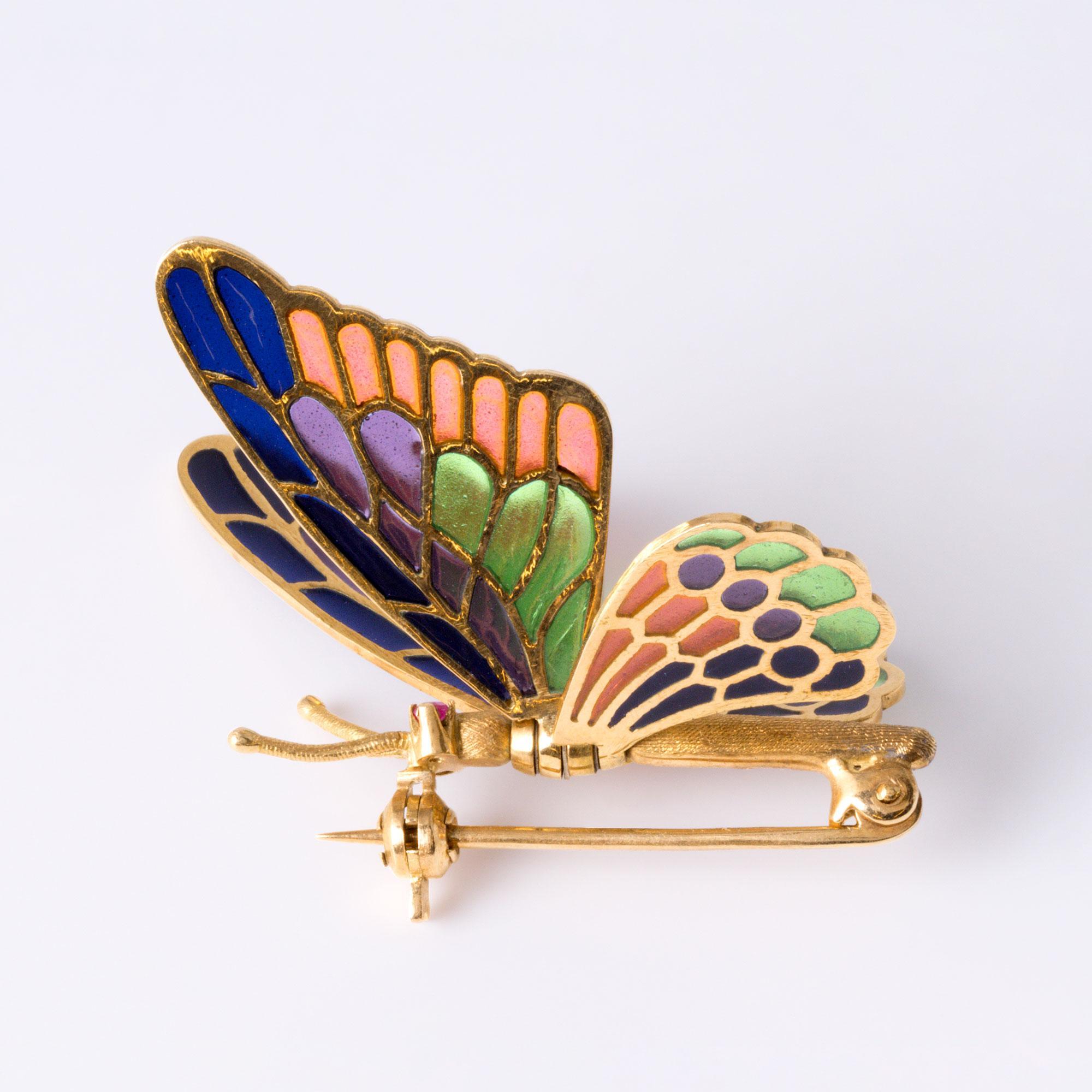 Broche Mariposa Articulada de Oro Amarillo de 18 K con Aplique de Color Hecho en España Contemporáneo en venta