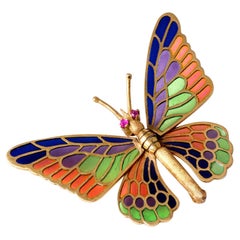 Vintage 18K Yellow Gold Articulated Butterfly Brooch with Color Applique Made in Spain