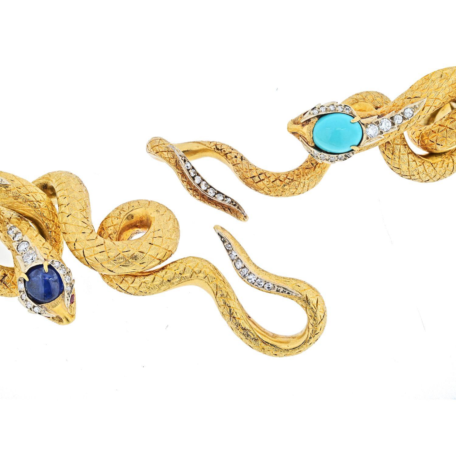 Modern 18K Yellow Gold Articulated Snakes with Turquoise, Lapis and Diamond Necklace