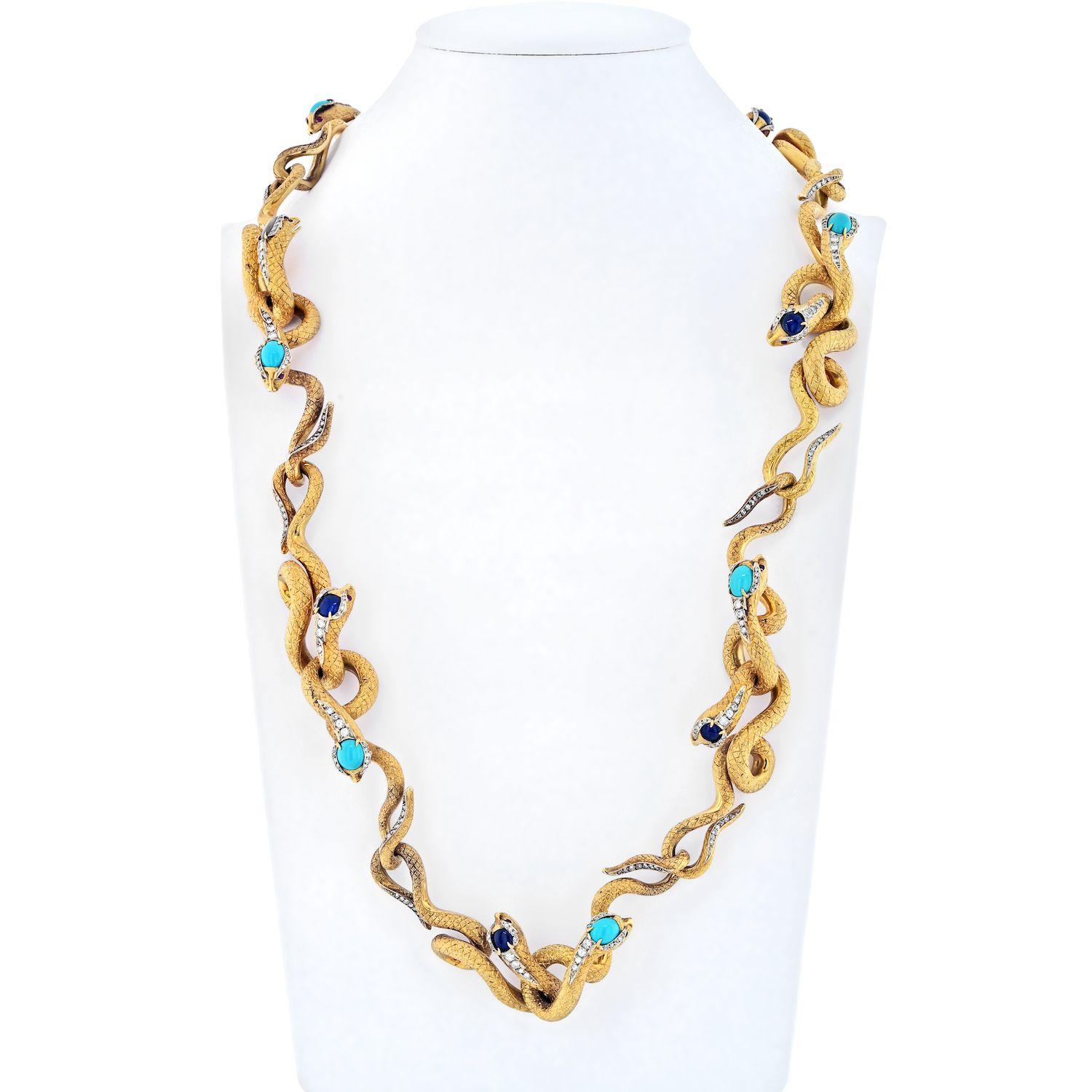 18K Yellow Gold Articulated Snakes with Turquoise, Lapis and Diamond Necklace In Excellent Condition In New York, NY