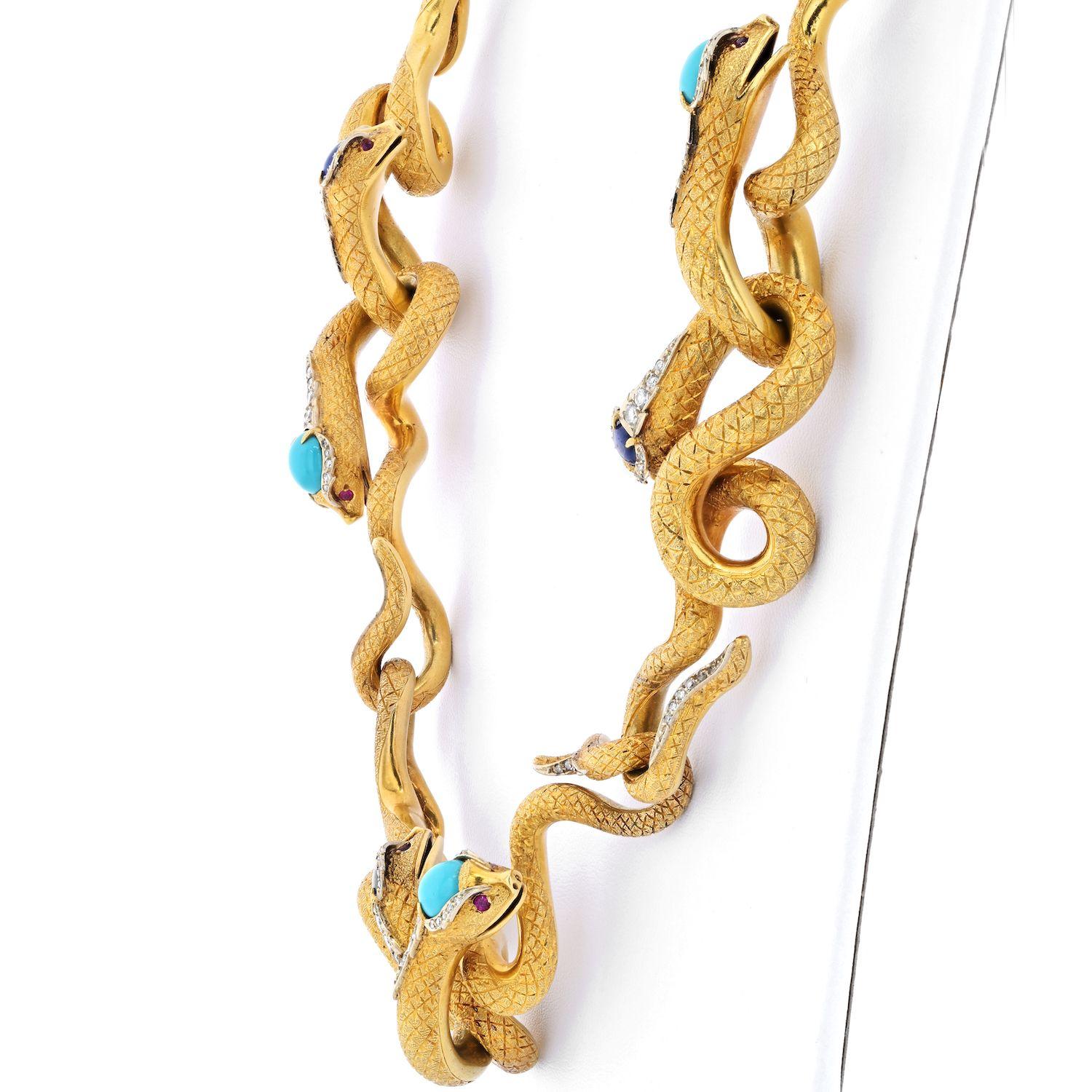 Women's 18K Yellow Gold Articulated Snakes with Turquoise, Lapis and Diamond Necklace
