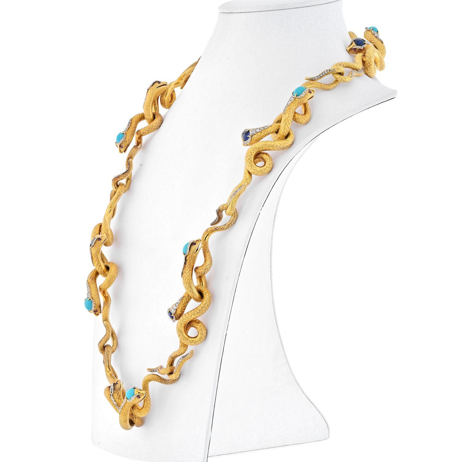 18K Yellow Gold Articulated Snakes with Turquoise, Lapis and Diamond Necklace 1