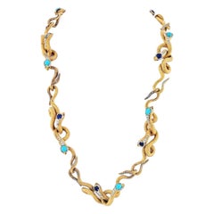 18K Yellow Gold Articulated Snakes with Turquoise, Lapis and Diamond Necklace