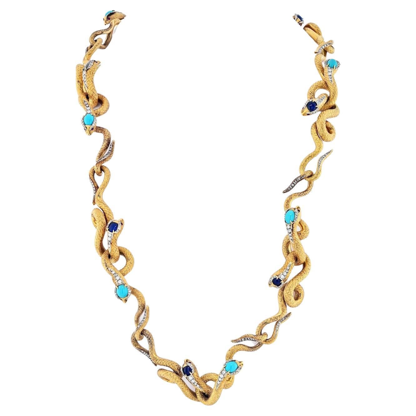 18K Yellow Gold Articulated Snakes with Turquoise, Lapis and Diamond Necklace